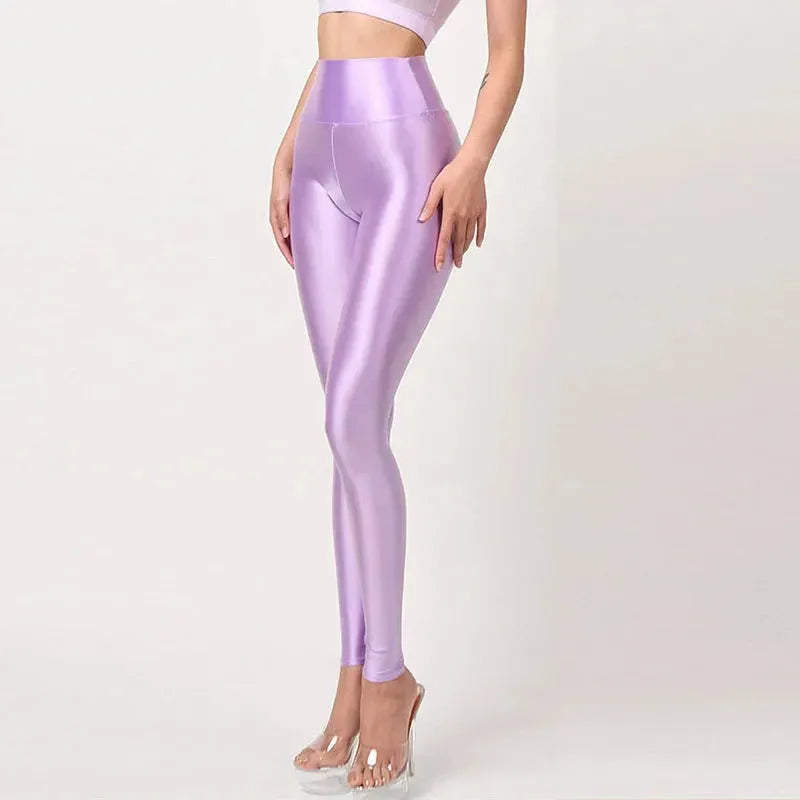 Seamless Satin Glossy High Waist Yoga Pants for Women - Sexy Tight Silk Leggings, Plus Size Workout Pants, Shiny Sports Tights for Fitness, Dance & Lounge Wear
