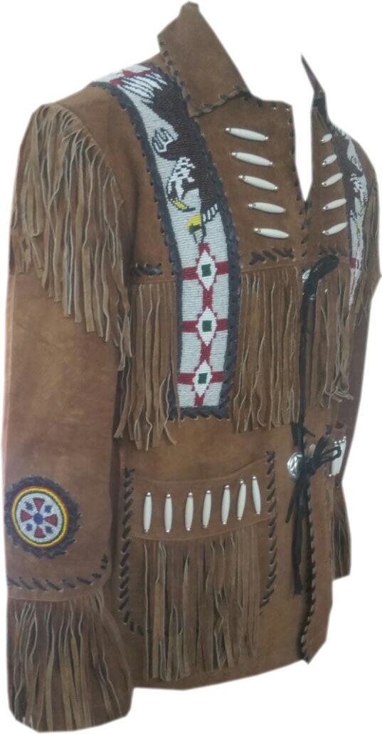 LEATHERAY Men's Western Style Fringe & Beaded Suede Leather Jacket - Brown Cowboy Coat for Rodeo, Country Music Festivals & Vintage Fashion