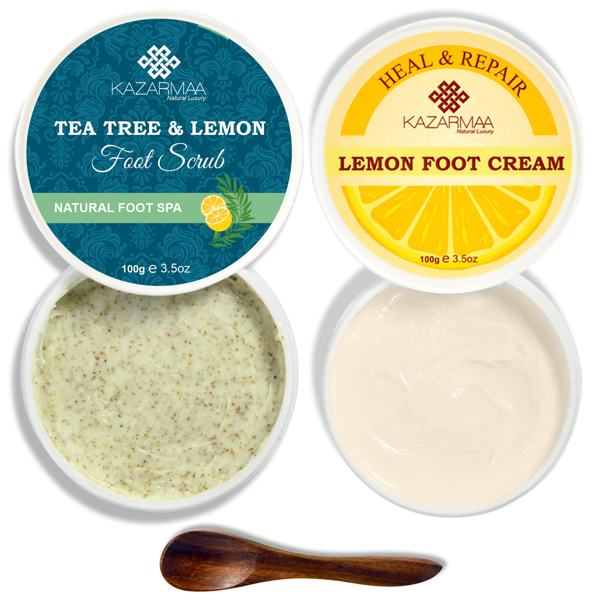 KAZARMAA Natural Foot Spa Combo Pack - Tea Tree & Lemon Foot Scrub + Lemon Foot Cream for Dead Skin Removal & Softening (2 x 100g) | Perfect for At-Home Pedicures, Dry Cracked Heel Care & Relaxing Foot Treatment