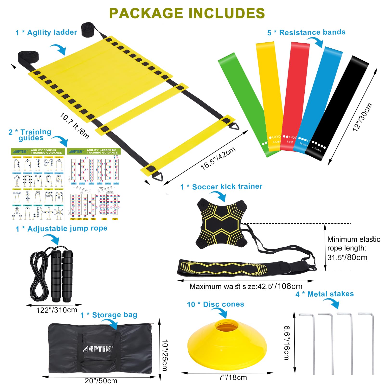 AGPTEK 6m Football Running Training Set - 25 PCS Agility Ladder, Speed Cones, Jump Rope & Soccer Kick Trainer with Carry Bag | Soccer Drills Equipment for Speed & Agility Training | Perfect for Football Practice, Fitness Workouts & Youth Sports Training
