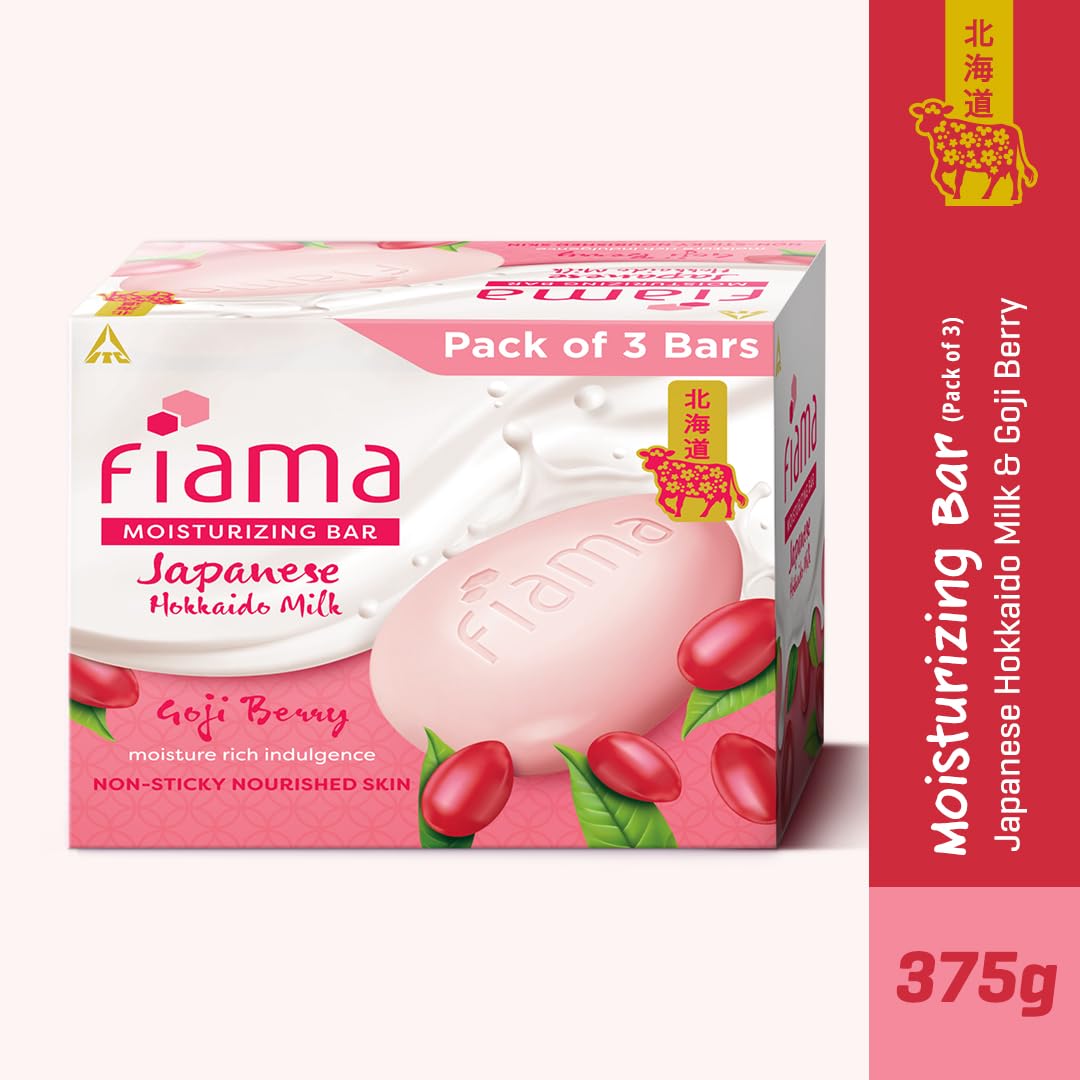 Fiama Moisturizing Soap Bar with Japanese Hokkaido Milk & Goji Berry - Pack of 3 | Non-Sticky, Deep Hydration for Soft Skin | Enriched with Vitamin F & Natural Fragrance | Perfect for Daily Shower & Spa Relaxation