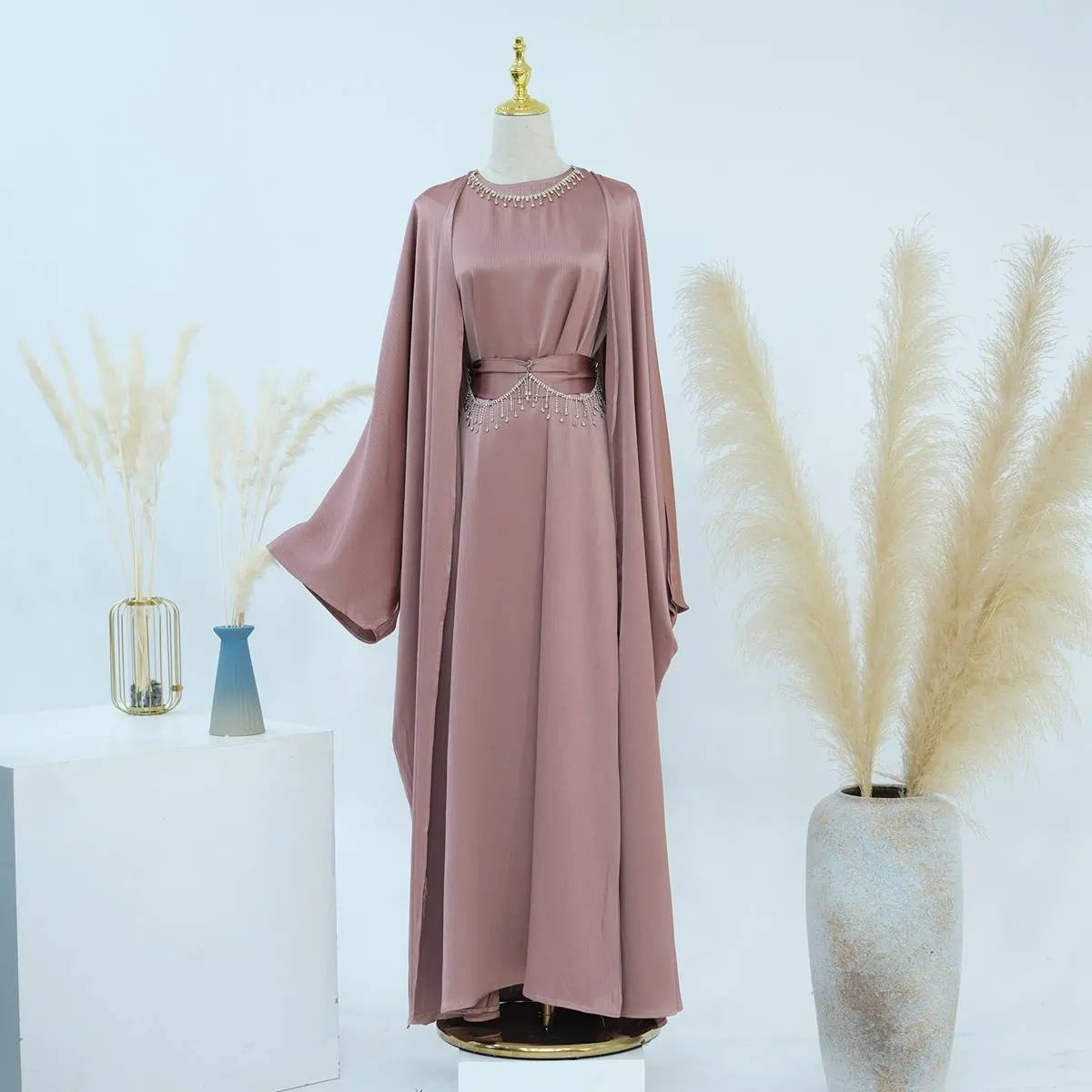 Wrinkle-Free Satin 2-Piece Open Abaya Dress Set #24806 - Elegant Muslim Prayer Dress for Women, Perfect for Special Occasions & Daily Wear