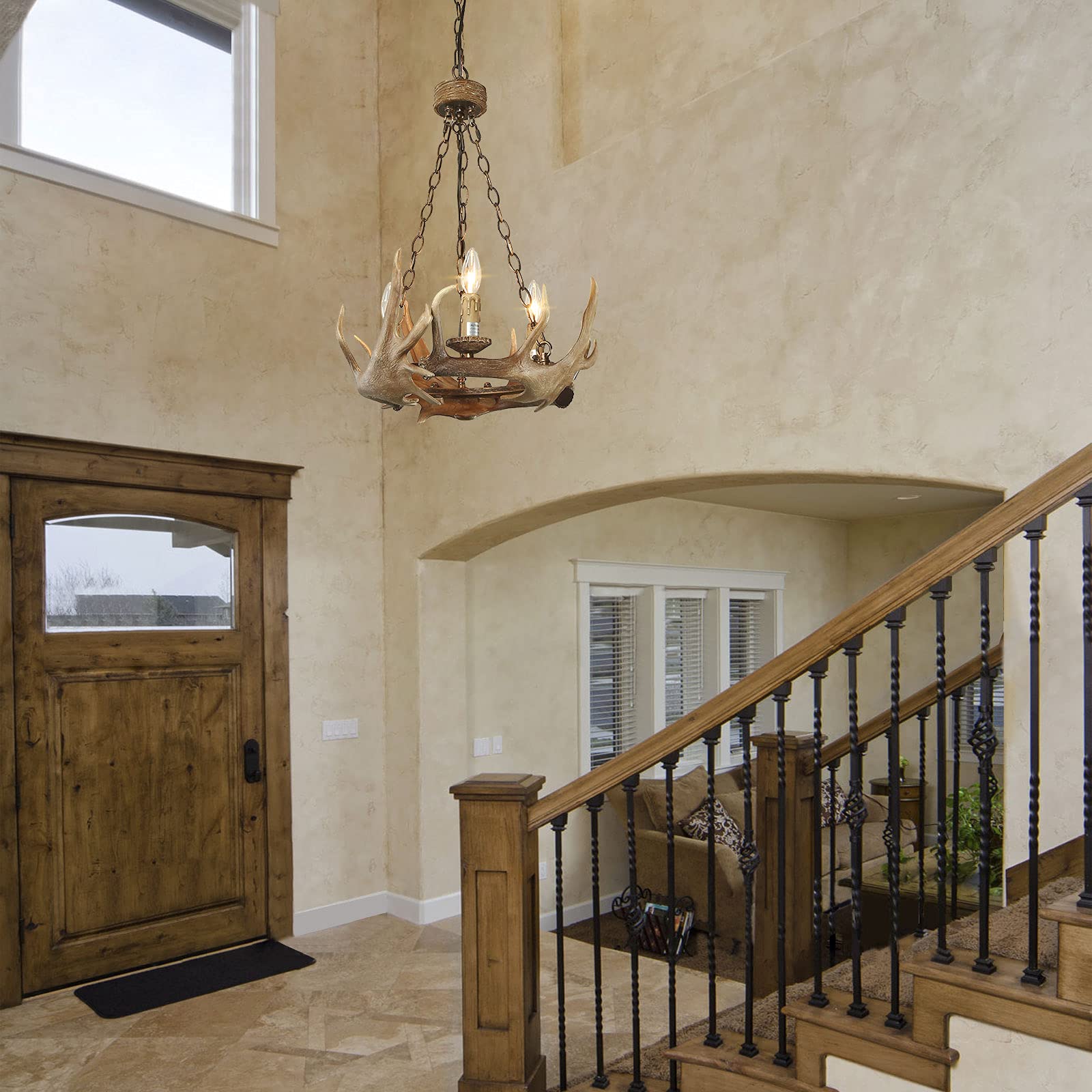 LOG BARN Antler Chandelier - 3-Light Farmhouse Dining Room Ceiling Light Fixture, Hand-Polished Resin, 19.7