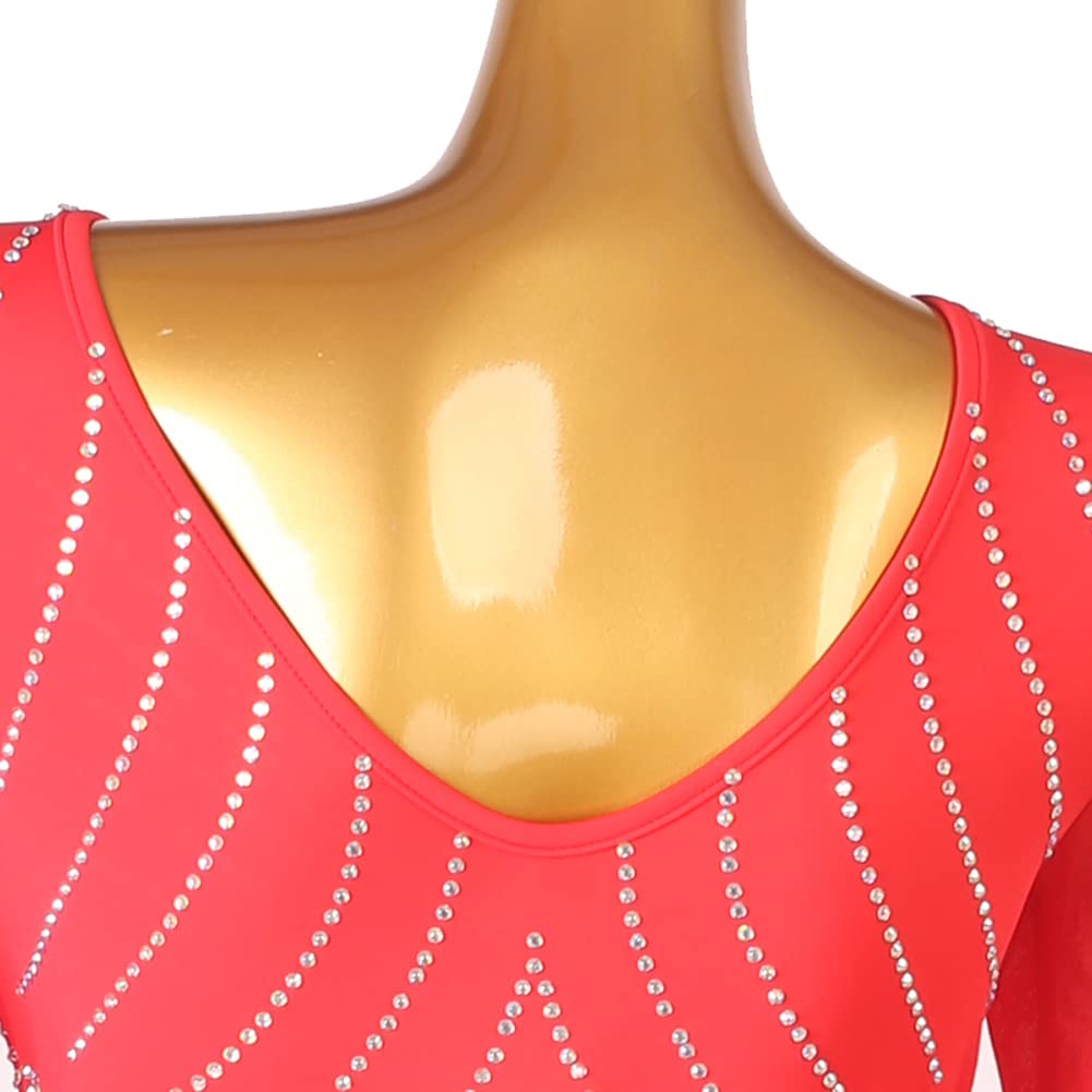 Elegant Red Rhinestone Ballroom Dance Dress for Women - Long Sleeve Petite Latin Salsa Performance Dress for Competition & Evening Gala