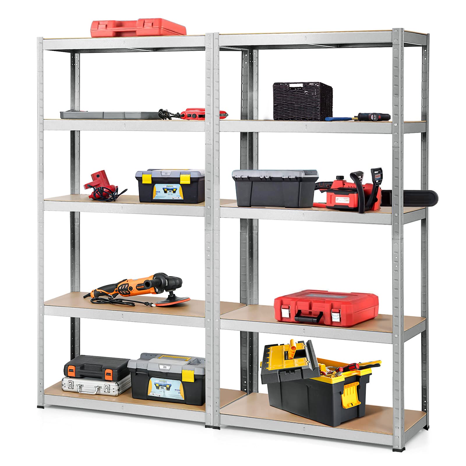 ERGOMASTER 5-Tier Heavy Duty Steel Shelving Unit - 72 x 16 x 72 Inch Bolt-Free Storage Rack (2 Pack, Silver) for Garage, Kitchen, Office Organization - Perfect for Storing Books, Tools, Kitchenware & Home Supplies