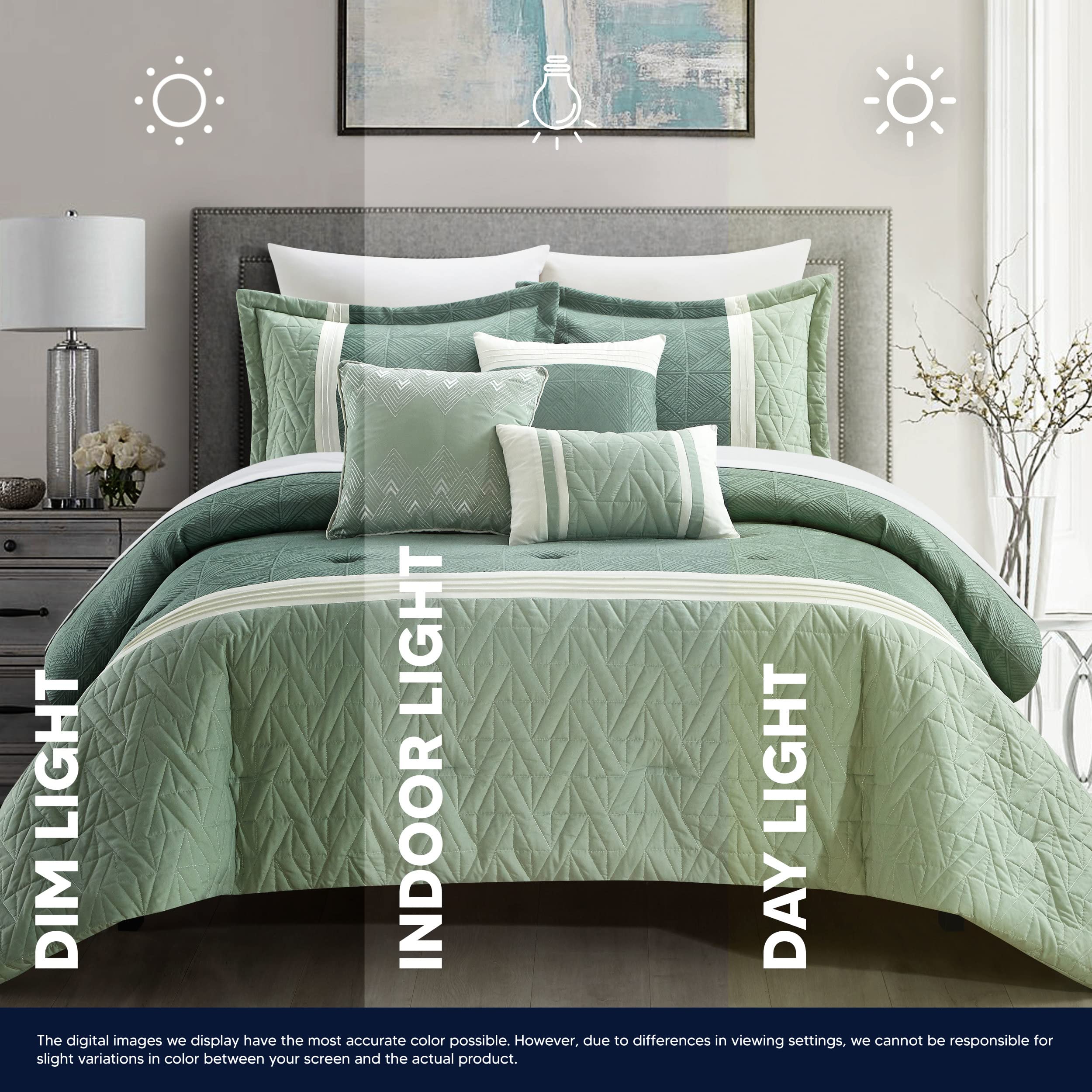 Chic Home Macie 6-Piece Queen Comforter Set - Jacquard Woven Geometric Design with Pleated Quilted Details, Includes Decorative Pillows & Shams, Green | Perfect for Modern Bedroom Decor & Guest Room Styling
