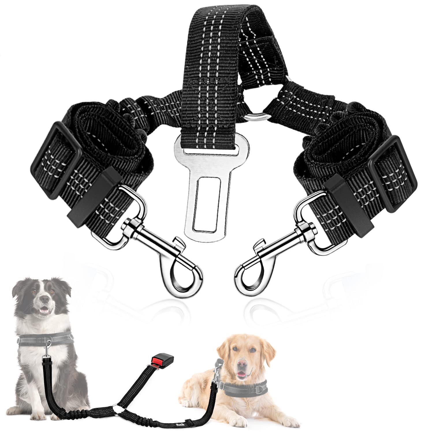 SlowTon Adjustable Double Dog Seat Belt - Y-Shape No Tangle Pet Car Harness with Elastic Bungee & Reflective Safety Leash for Vehicle Travel | Perfect for Road Trips with Two Dogs (Black, Medium)