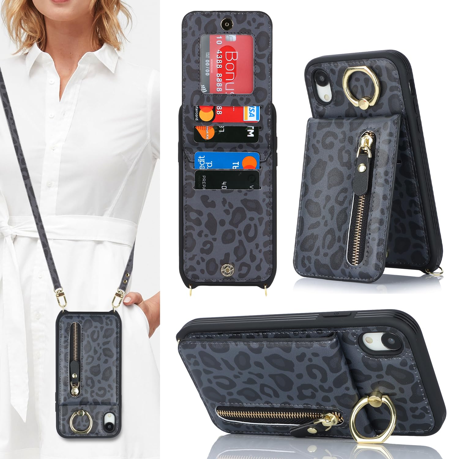 Premium iPhone XR Phone Case with Card Holder & Wrist Strap - Women's Wallet Case with Credit Card Slots, Kickstand & Zipper Closure (Black Leopard Print) - Perfect for Everyday Use, Travel & Hands-Free Convenience