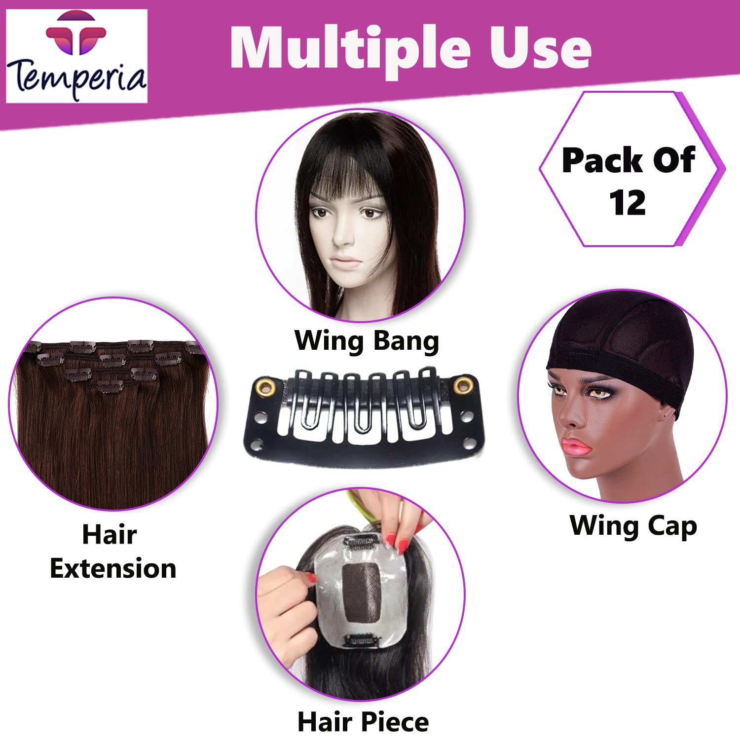 Premium 12-Piece TEMPERIA Hair Extension Clips for Women & Men - Invisible Snap-In Wig Clips (3.4cm, Black) - Perfect for Adding Volume, Length & Styling for Daily Wear & Special Occasions