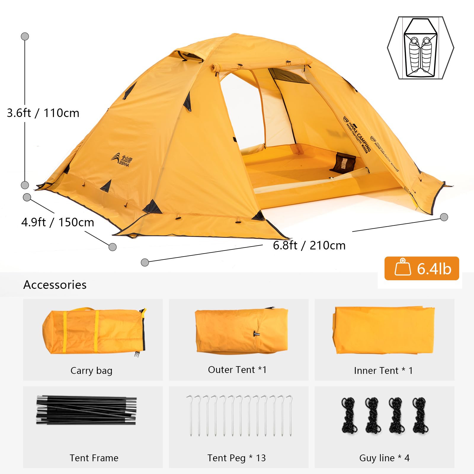 BISINNA 4 Season Backpacking Tent - 2 Person Lightweight Winter Tent for Cold Weather, Waterproof Double Layer All Season Camping Tent with Aluminum Alloy Poles - Easy Setup for Hiking, Mountaineering & Outdoor Adventures
