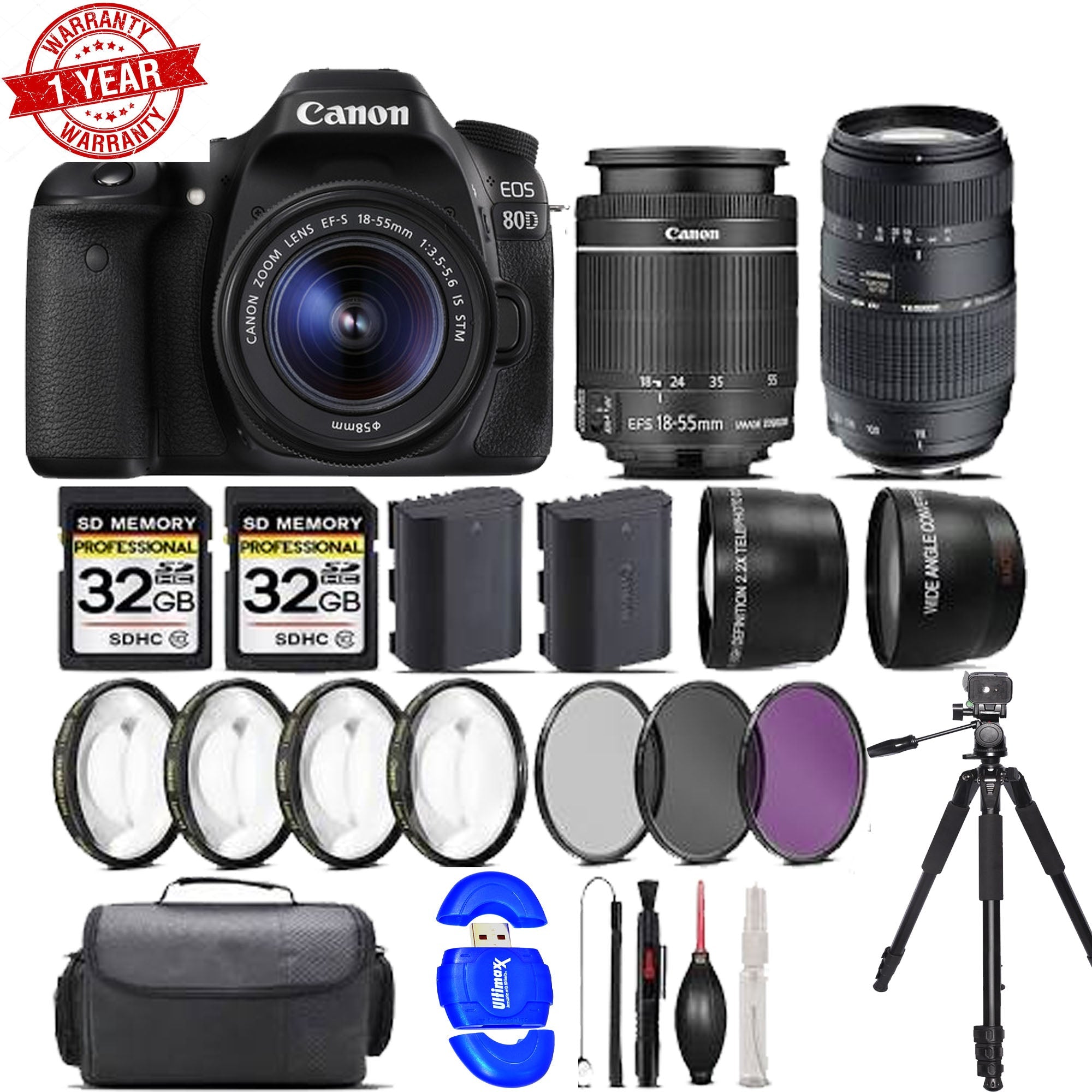 Canon EOS 80D DSLR Camera with 18-55mm IS STM Lens & 70-300mm Lens + 4pc Macro Kit (Black) - Perfect for Portrait, Wildlife Photography and Macro Shots