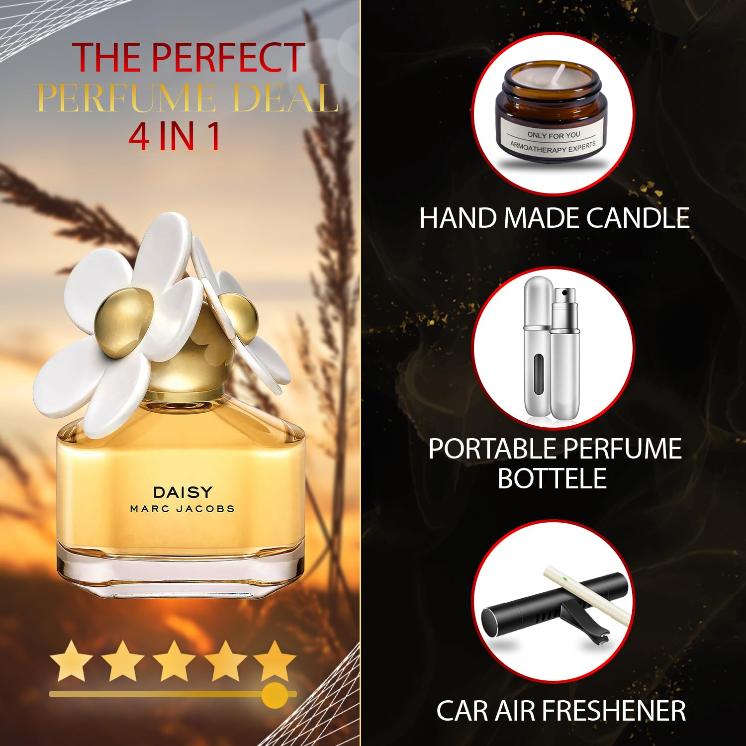 Women's Daisy Perfume Gift Set - 3.4 Oz EDT Spray with Lavender Soy Candle (5 ml), Car Fresheners & Travel Atomizer | Perfect Birthday, Anniversary & Holiday Present for Her | Office, Date Night & Travel Fragrance