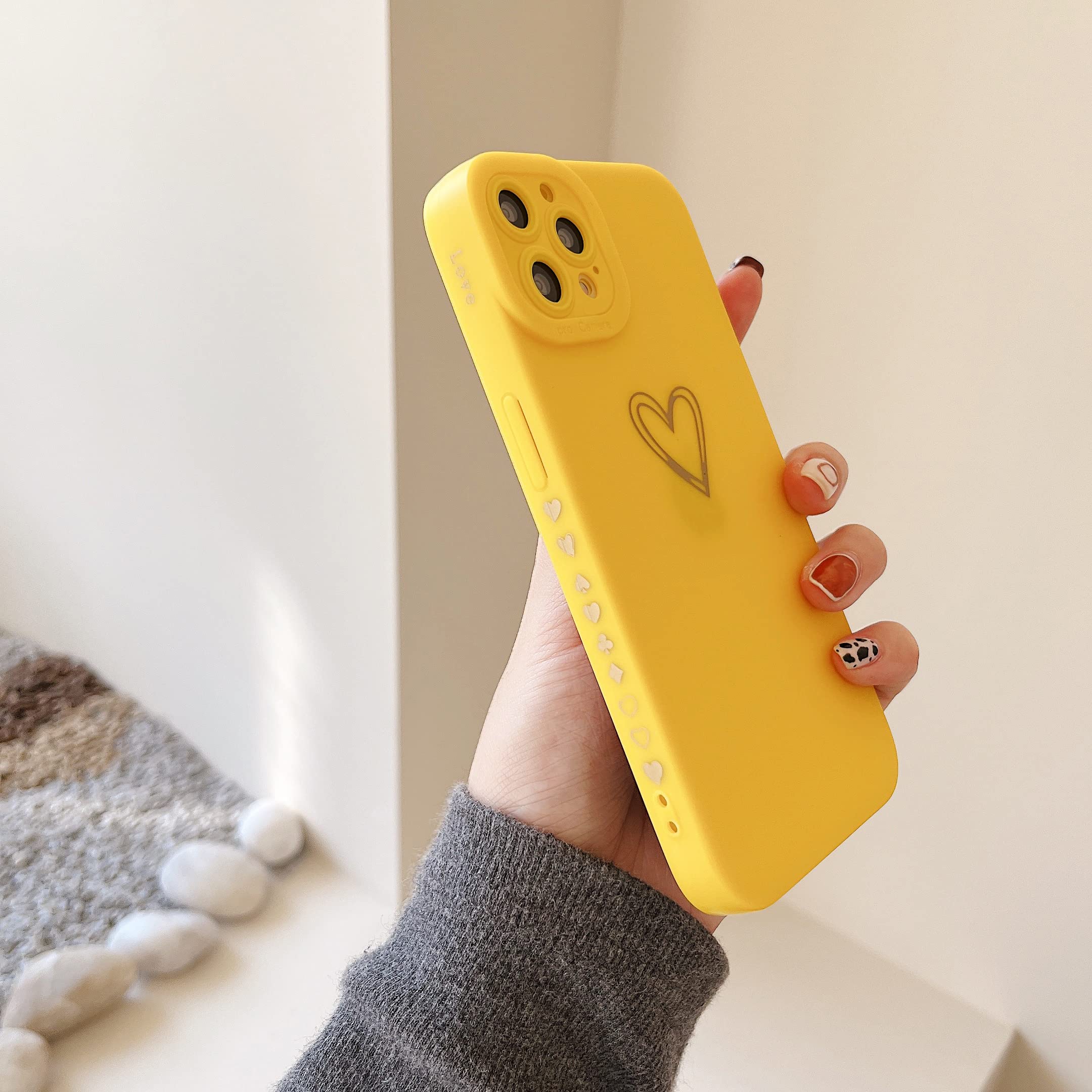 Qokey iPhone 12 Pro Max Case 6.7 Inch - Cute Heart Design Shockproof TPU Cover with Camera Protection | Anti-Scratch & Anti-Fingerprint | Perfect for Women, Girls & Men (Yellow) | Great for Daily Use, Travel & Outdoor Activities