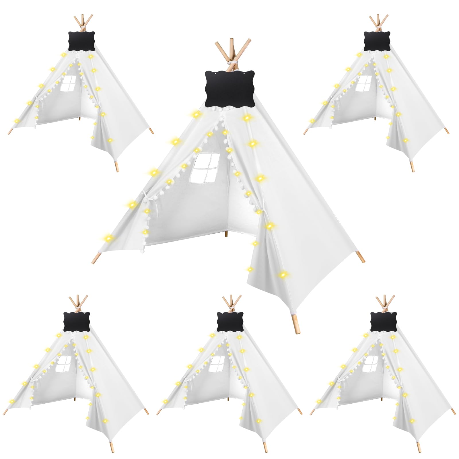 6 Pack Kids Teepee Tent with 10FT String Lights - Indoor/Outdoor Play Tent for Girls & Boys, Foldable Boho Tent for Birthday Parties, Sleepovers & Backyard Camping (White) - Perfect for Playrooms, Bedrooms & Outdoor Adventures