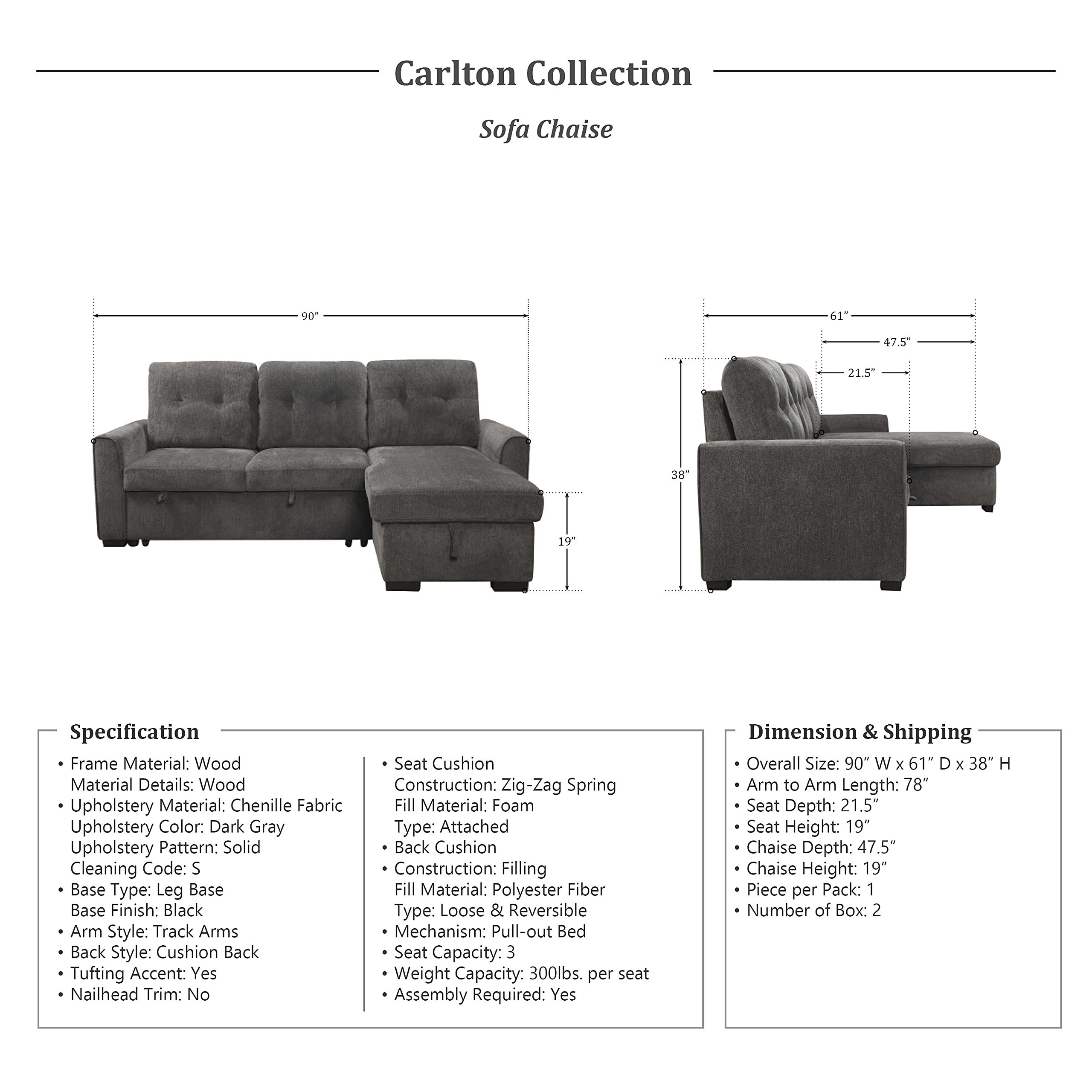 Lexicon L-Shaped Sectional Sofa Bed with Storage Chaise - Reversible Sleeper Couch for Living Room, Pull-Out Bed & Chaise Lounge - Perfect for Small Spaces, Guest Rooms & Apartment Living (Dark Gray)