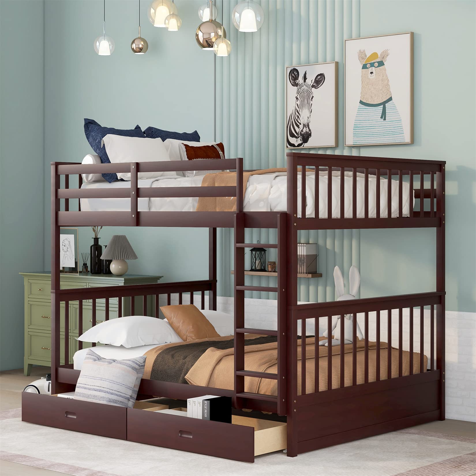Full Over Full Bunk Beds with 2 Drawers for Kids & Teens - Detachable Wooden Bunk Bed Frame for Boys & Girls - Espresso Finish - Space Saving Kids Bedroom Furniture for Siblings or Sleepovers