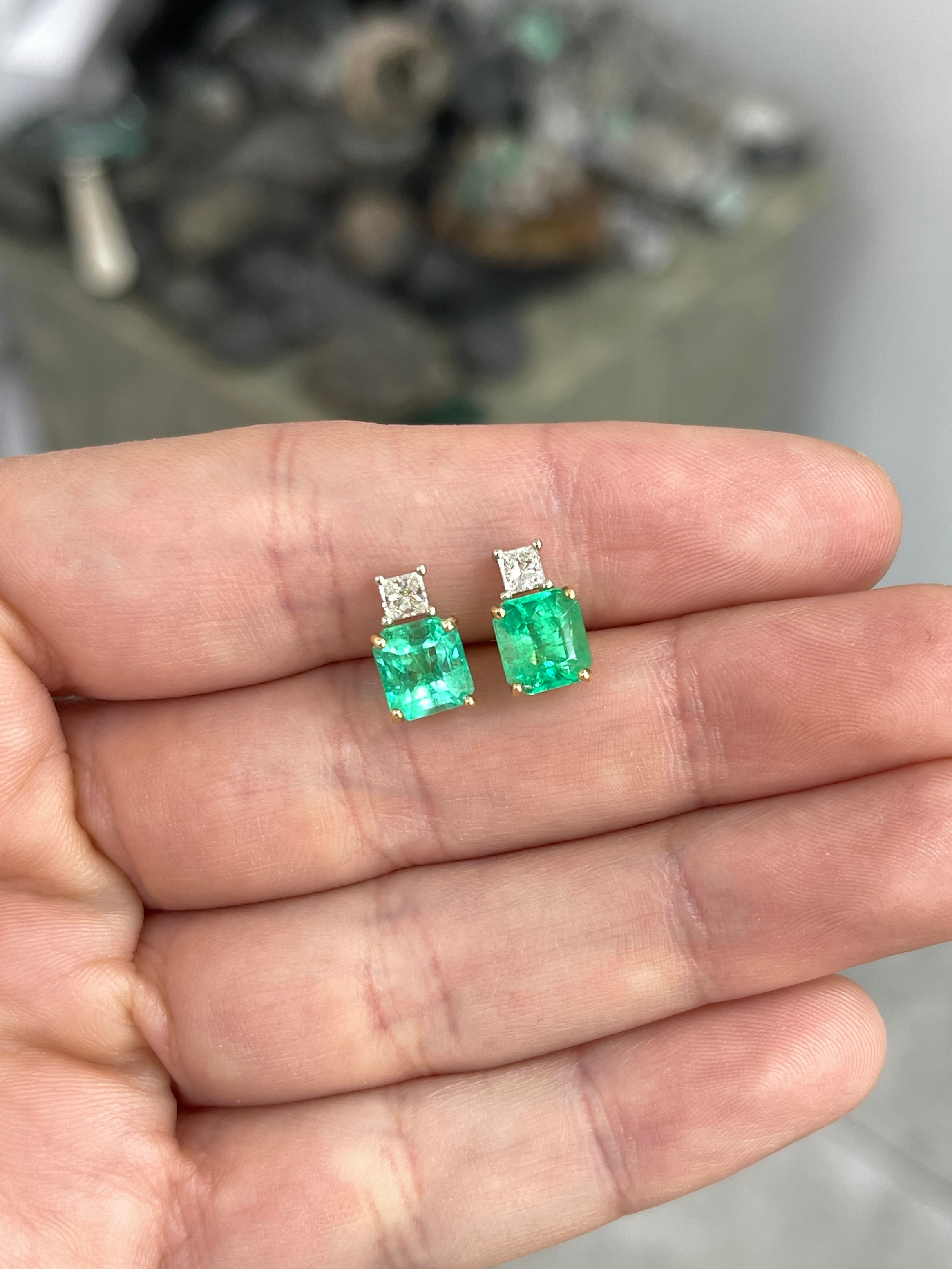 3.10tcw GIA Certified Colombian Emerald & Princess Cut Diamond Earrings in 18K Two-Tone Gold – Perfect for Weddings, Anniversaries & Special Occasions