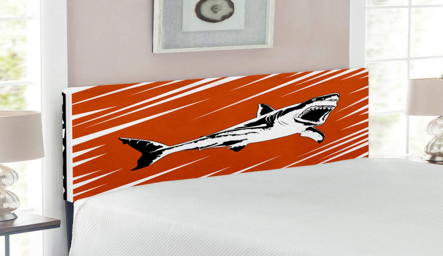 Ambesonne Shark Upholstered Headboard - Queen Size Metal Bed Headboard with Memory Foam, Black White Burnt Sienna Ocean Theme | Killer Sea Creature Grunge Graphic Design for Coastal & Nautical Bedroom Decor