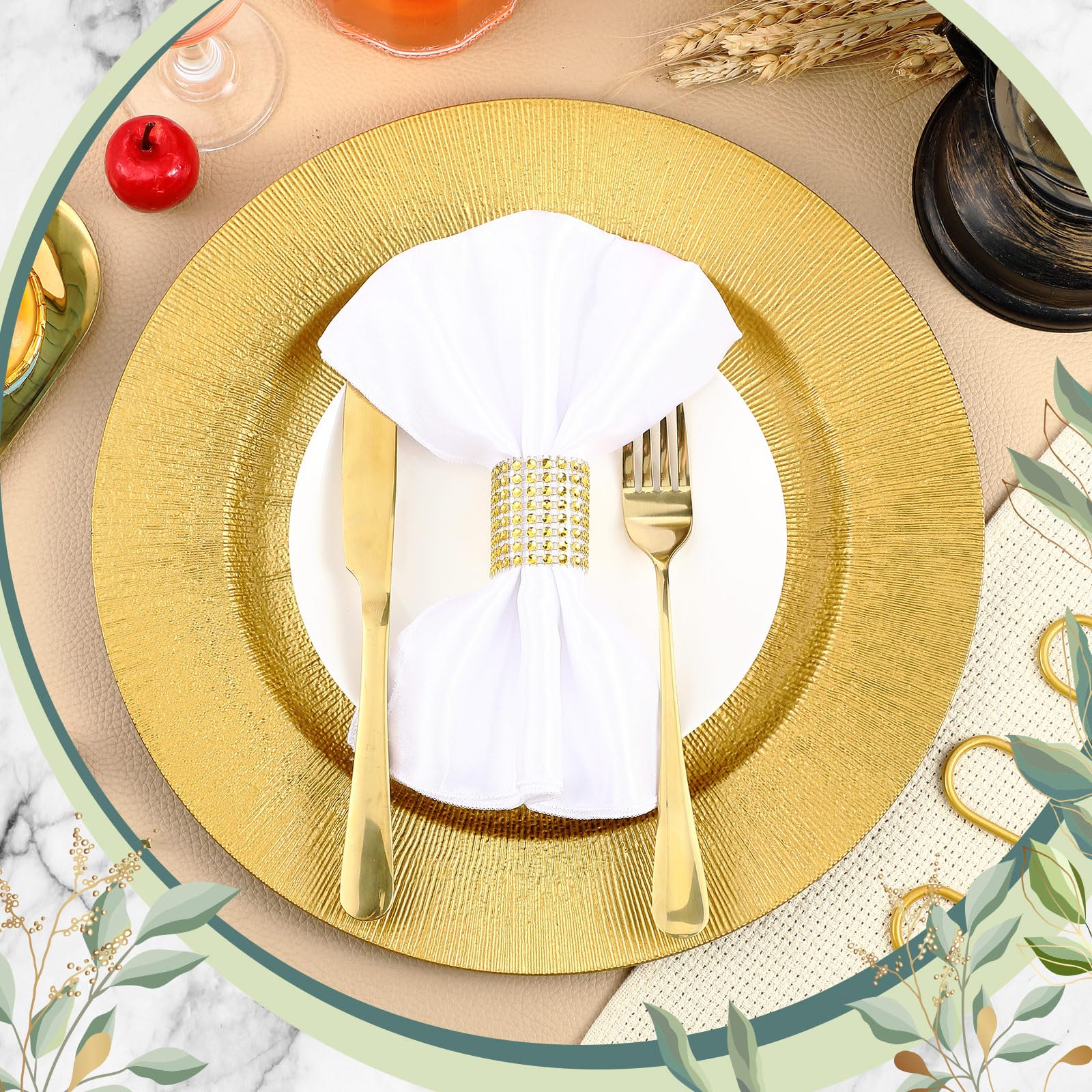 48-Piece Gold Charger Plates Set with Napkin Rings - 13 Inch Round Plastic Dinner Plates for Wedding, Party & Event Decorations - Elegant Table Setting for Formal Dinners, Bridal Showers & Holiday Celebrations