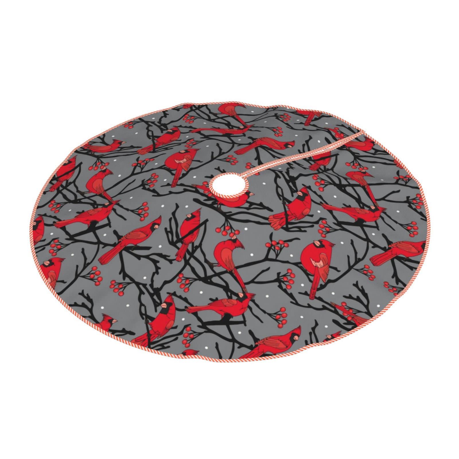 30 Inch Christmas Tree Skirt with Red Cardinals & Berries - Rustic Farmhouse Winter Scene Holiday Decor for Indoor/Outdoor Xmas Party Decoration
