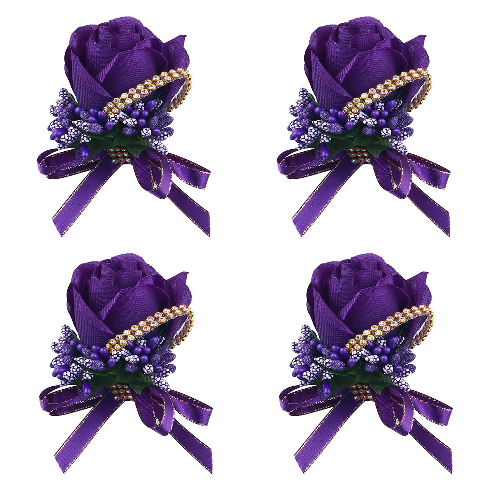 Elegant Purple Rose Wrist Corsage 4 Packs - Wedding Bridesmaid Flower Wristband for Bride, Prom, Party & Special Occasions | Perfect for Ceremonies, Dances, and Formal Events (4-Pack, Purple Rose Wrist Flowers)
