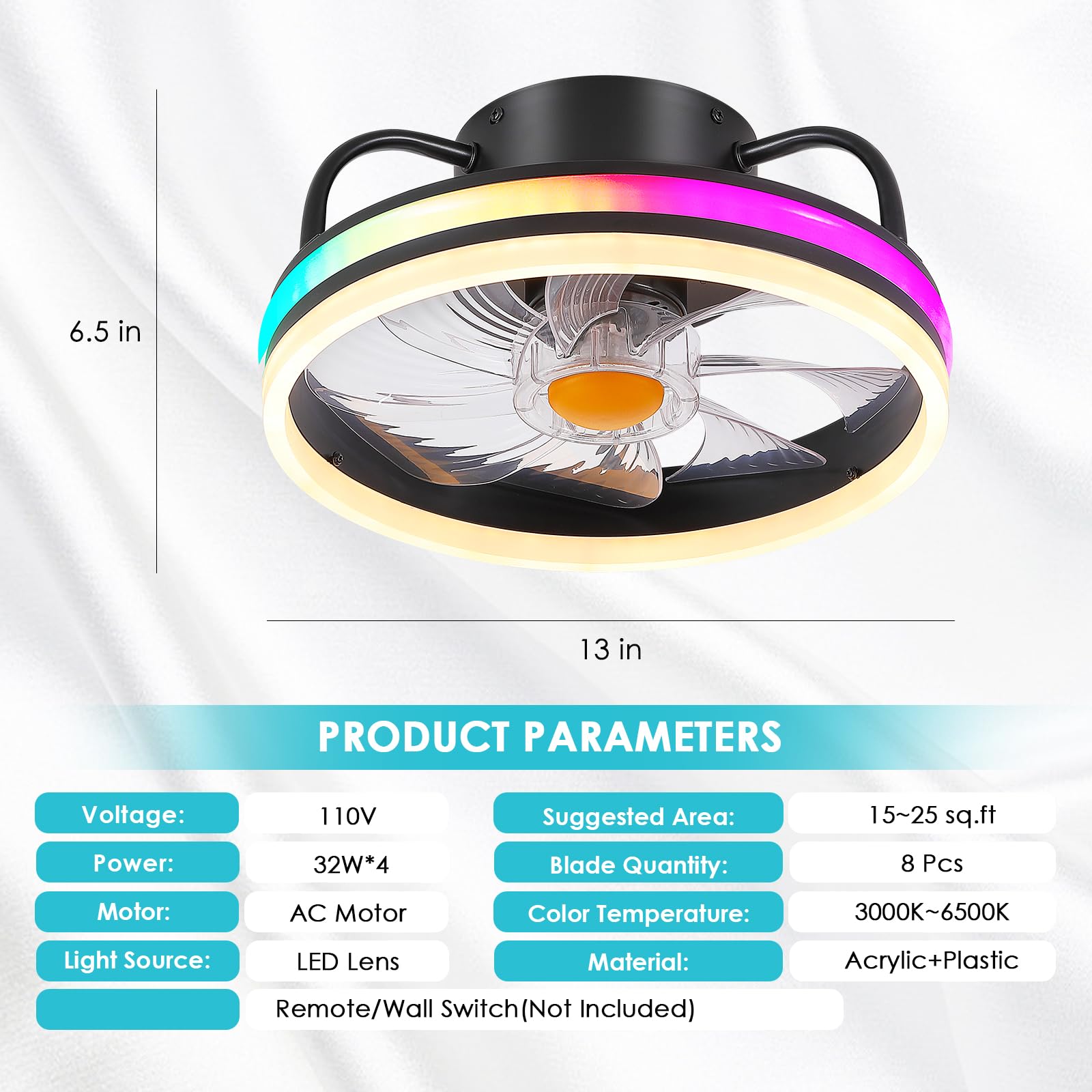 Modern Flush Mount Ceiling Fan with RGB Dimmable LED Light - 13
