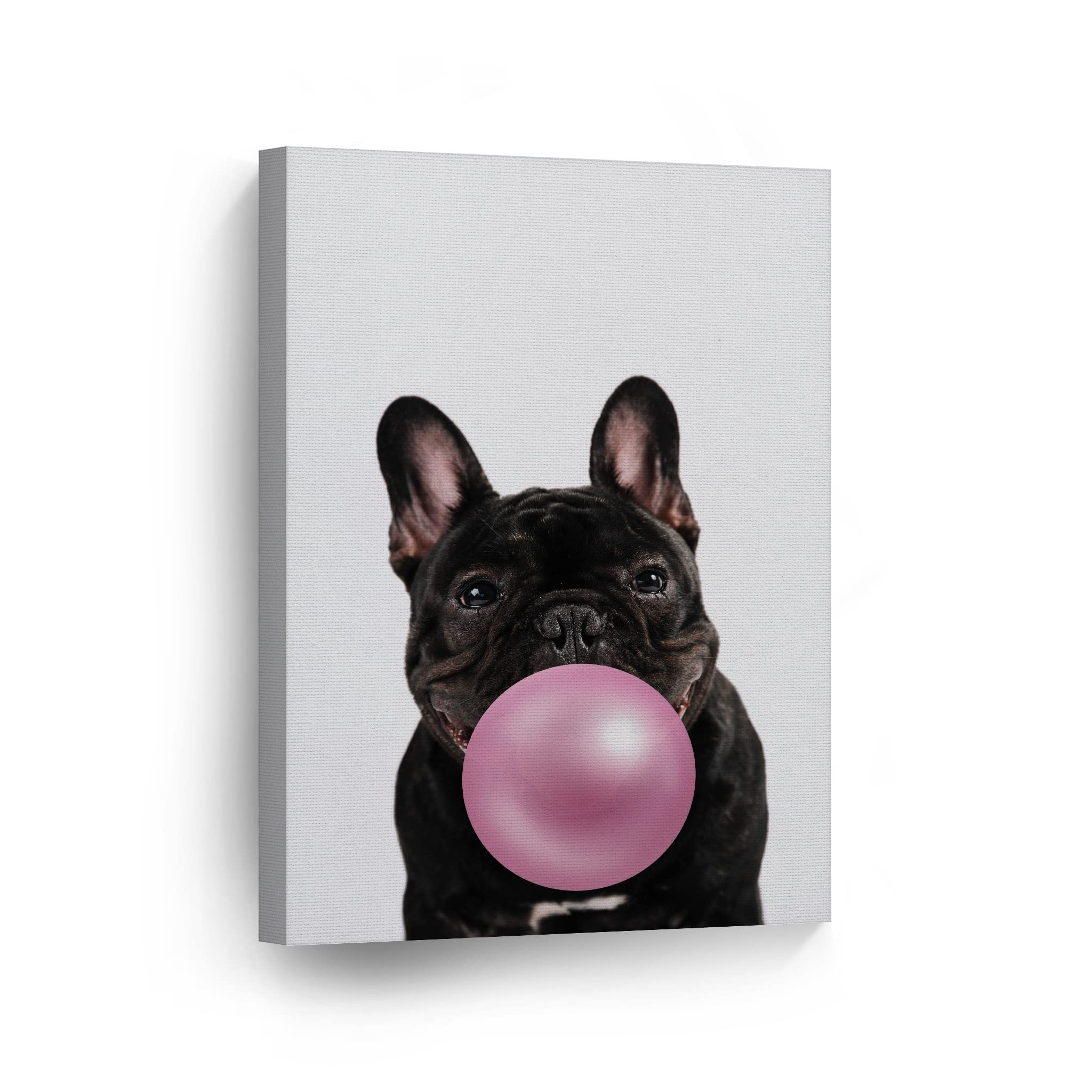 Cute Black Bulldog Bubble Gum Pop Art Canvas Print - 40x30 Inch Pink Animal Wall Decor for Kids Room, Nursery & Home Decoration | Made in USA | Fun & Playful Wall Art for Bedrooms, Playrooms & Gifts