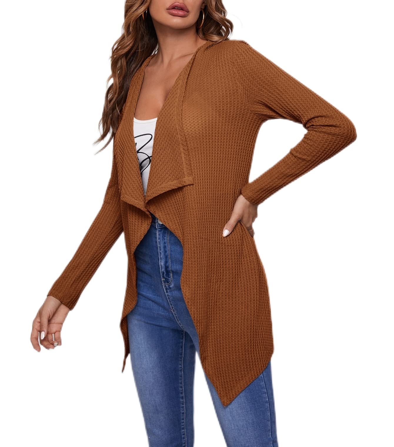 Women's Waffle Knit Waterfall Cardigan - Long Sleeve Open Front Loose Sweater Coat for Casual Outfits & Layering in Fall/Winter