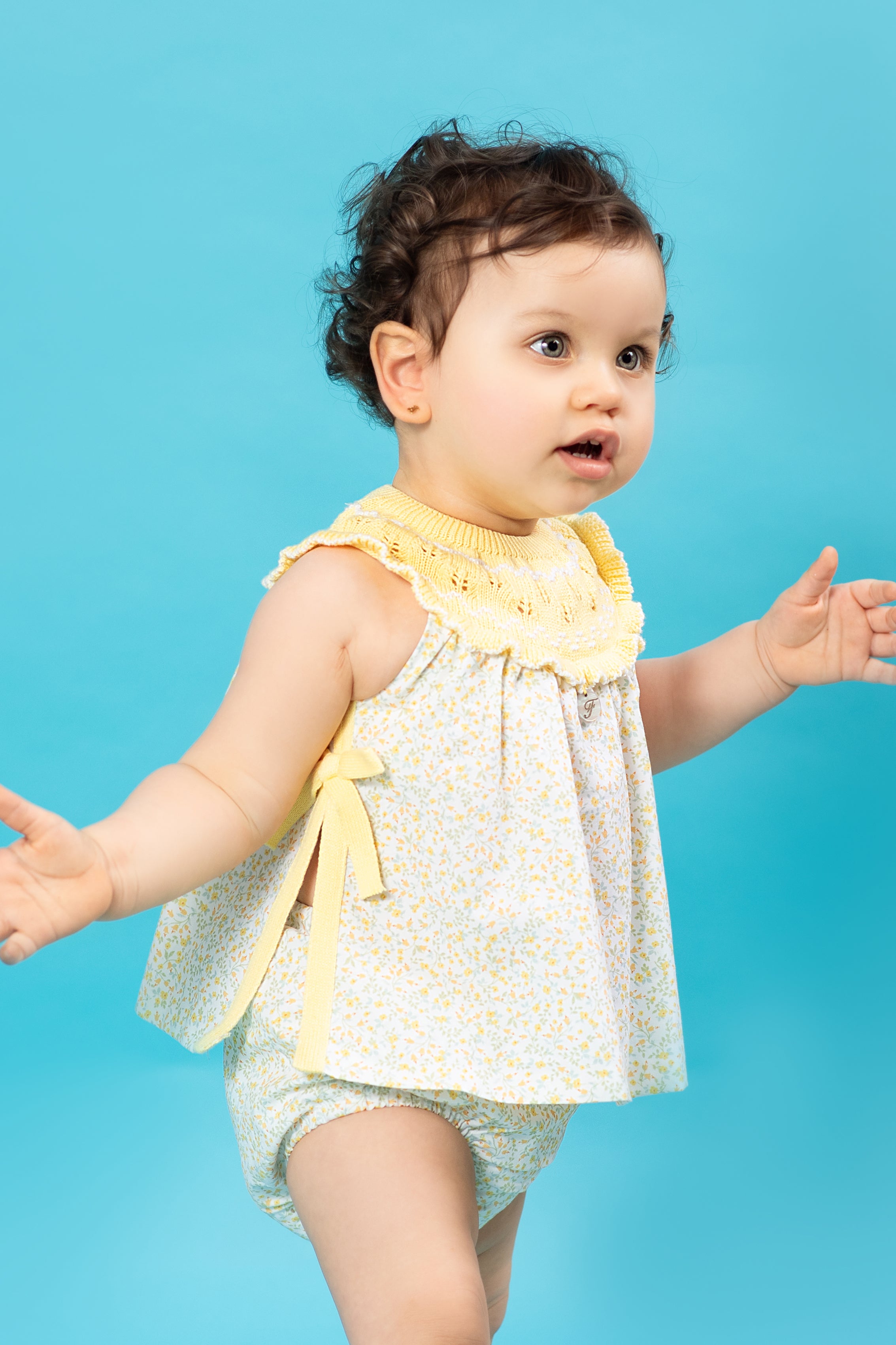 Tahlia Lemon Half Knit Floral Dress & Bloomers Set - Elegant Baby Girl Outfit for Photoshoots, Parties & Special Occasions