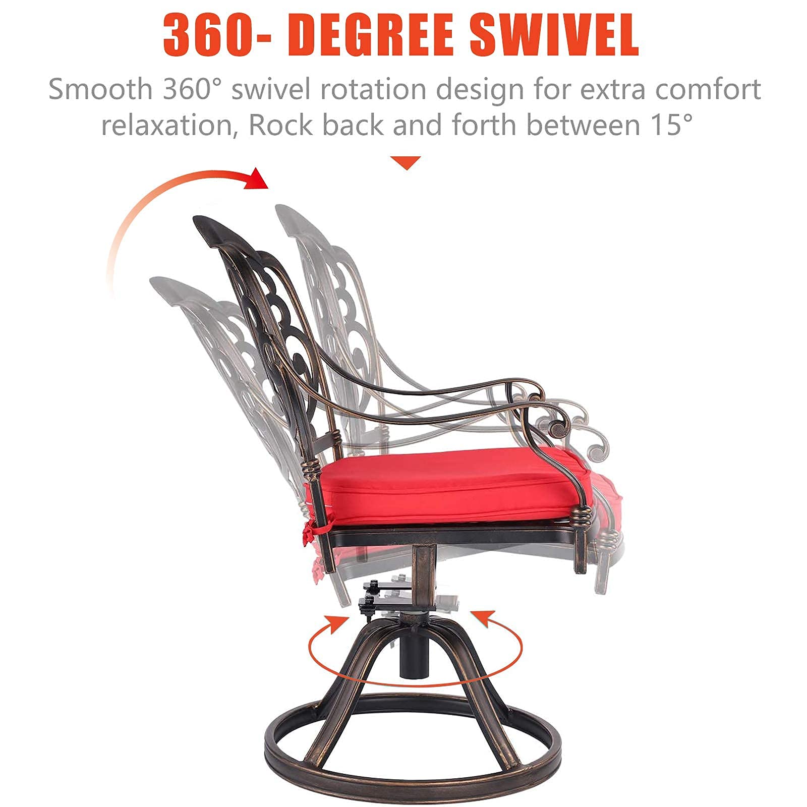 Grepatio 2-Piece Patio Swivel Dining Chairs Set with Cushions - Outdoor Cast Aluminum Rocking Chairs for Garden, Backyard, Poolside - Comfortable Metal Furniture with Red Cushions (Perfect for Lounging, Entertaining & Outdoor Dining)