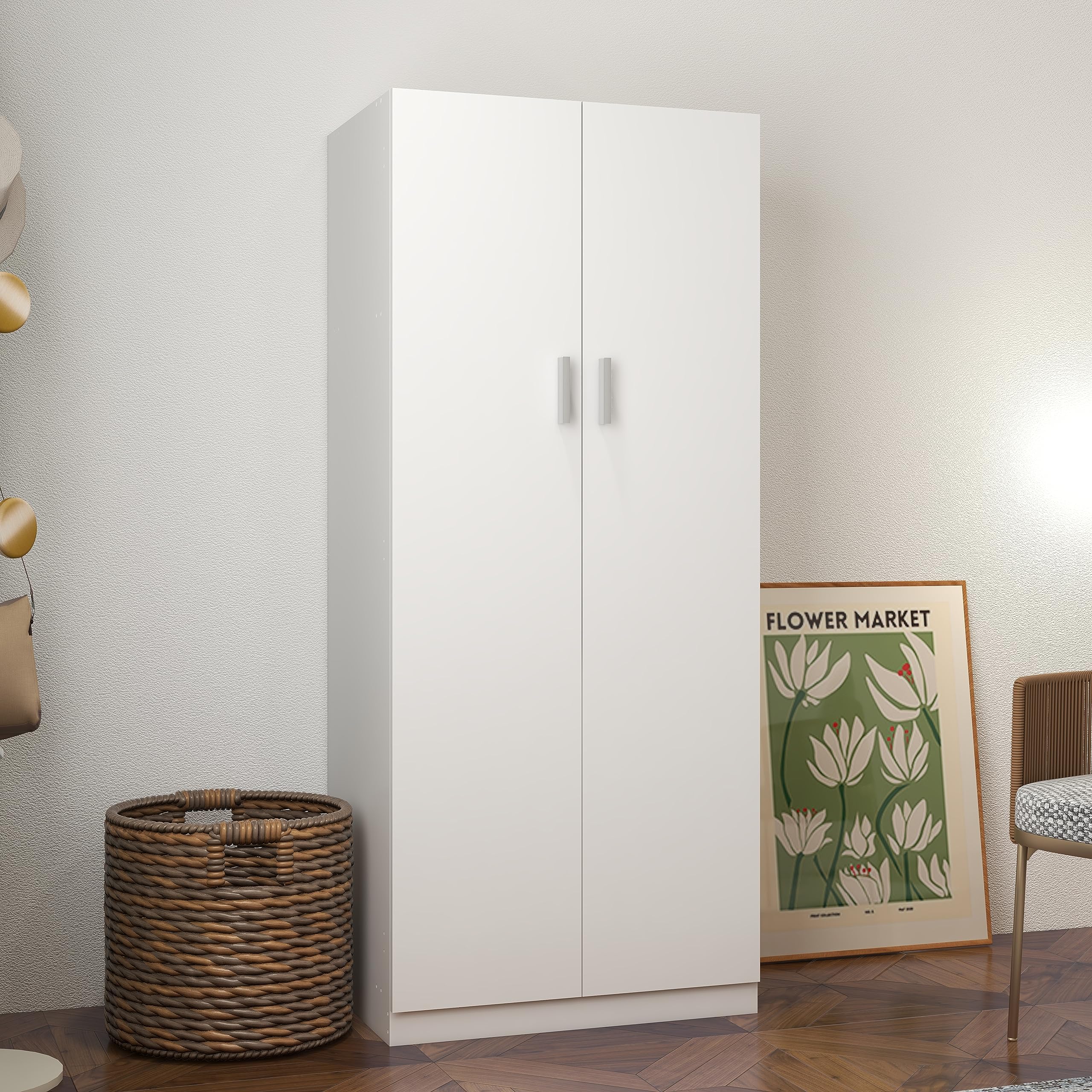 Panana 2 Door Wardrobe Closet - White Bedroom Storage Cabinet with Shelves & Hanging Rod - Perfect for Bedroom, Guest Room, Apartment & Dorm Organization
