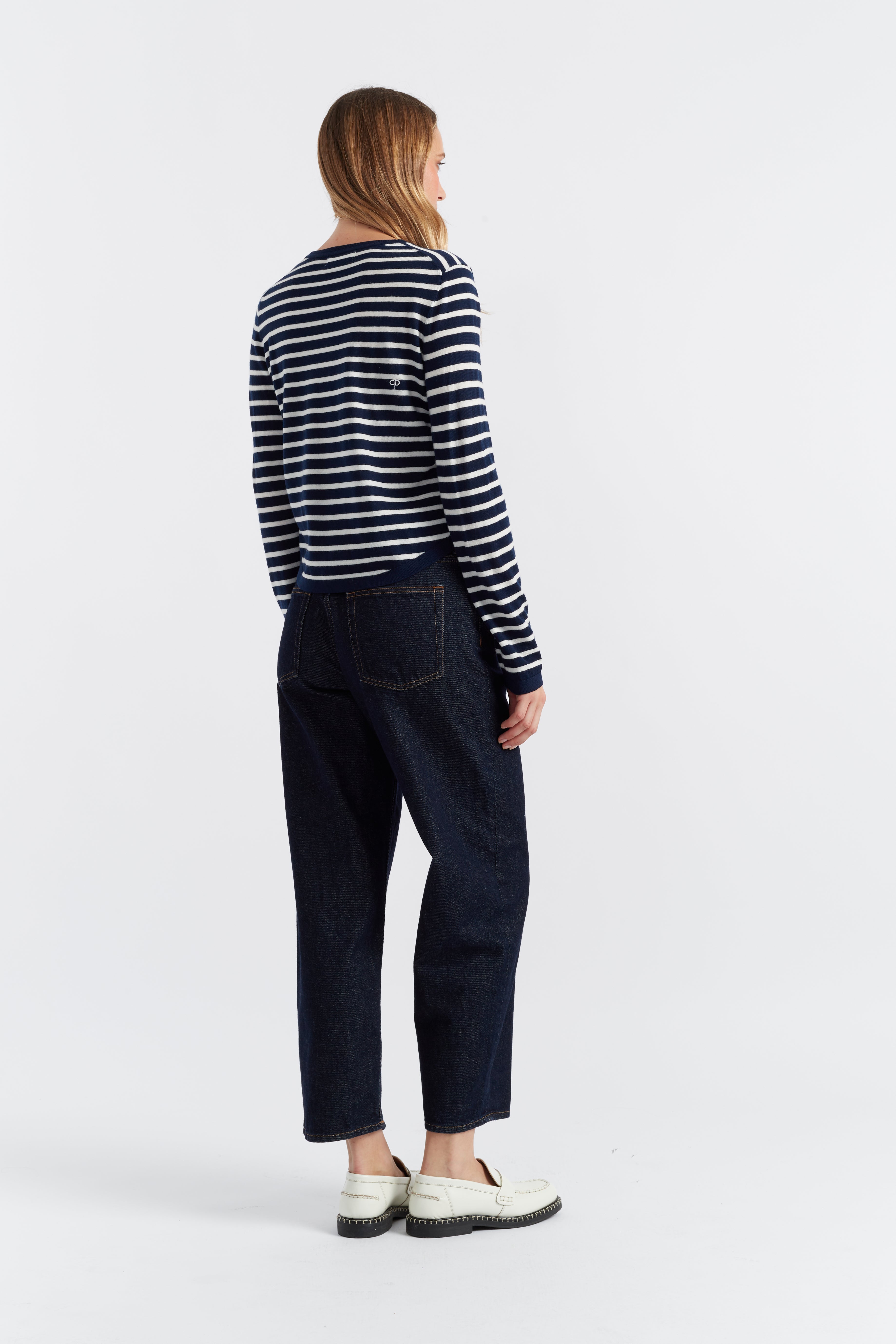 Navy Blue Merino Wool Heart Print Breton Sweater for Women - Cozy Winter Pullover for Casual Outings & Date Nights