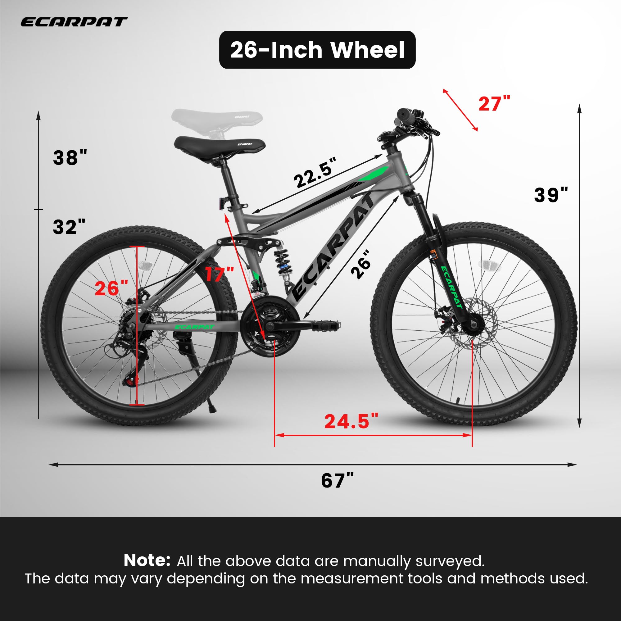 **24/26/27.5 Inch Dual Full Suspension Mountain Bike - 21-Speed Aluminum/Steel Frame for Men & Women - Perfect for Commuting, School, Work & Off-Road Adventures**