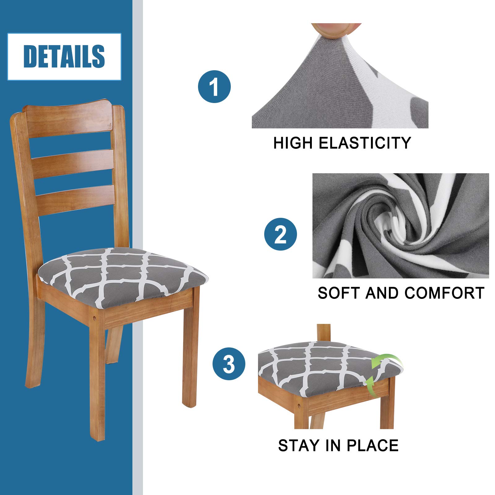 Stretch Printed Dining Room Chair Seat Covers Set of 4 - Washable Bench Slipcover, Grey Fabric Upholstery Protector for Kitchen & Dining Furniture - Perfect for Home, Restaurant, and Office Use