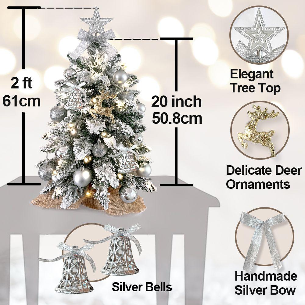 22in Flocked Snow Artificial Christmas Tree with LED Lights - Mini Red Tabletop Xmas Decor for Home, Office, Party & Holiday Decoration
