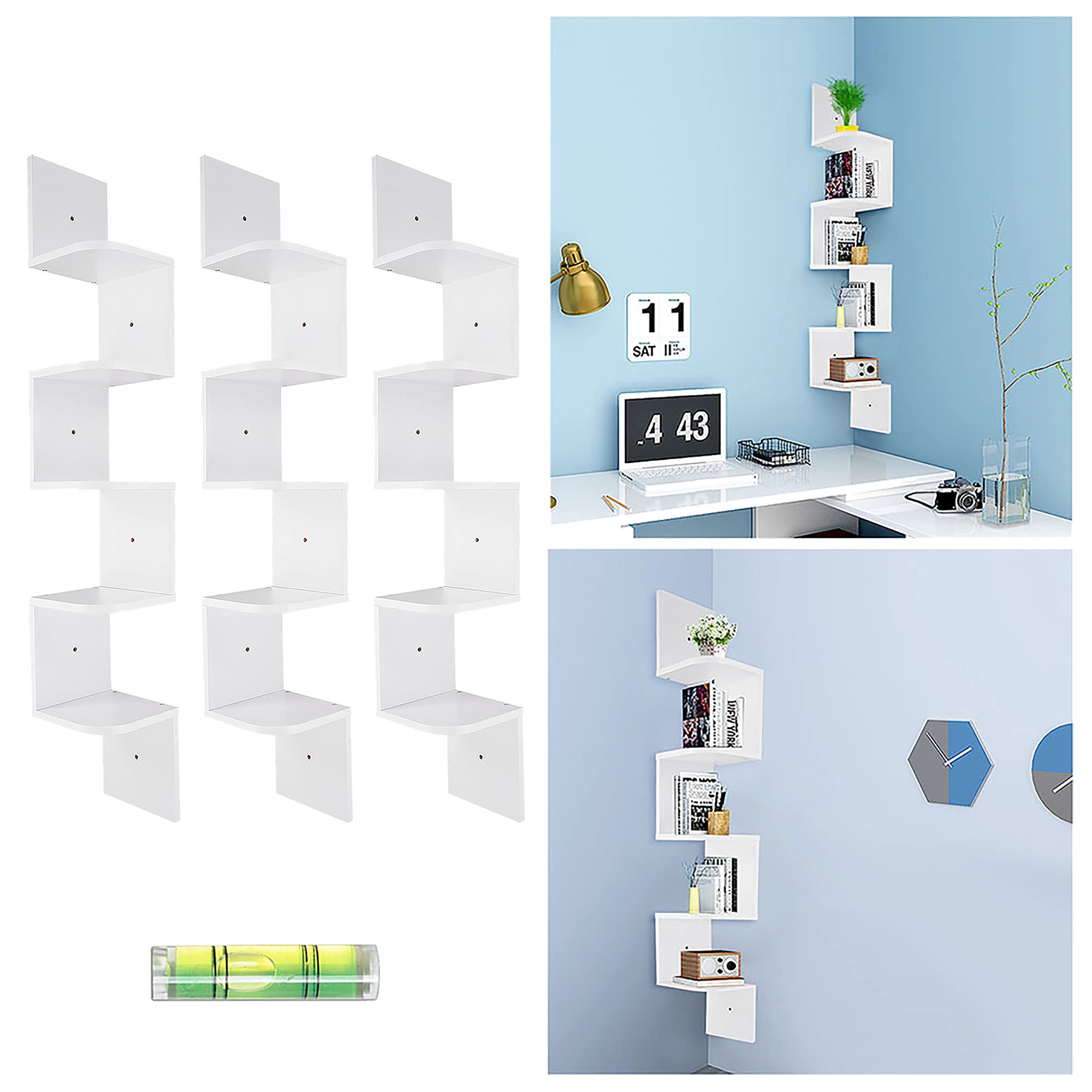Yescom 3-Pack 5-Tier Wall Mount Corner Shelves - Space Saving Storage Organizer for Bathroom, Kitchen, Dorm Room - Floating Shelves with Gradienter for Easy Installation