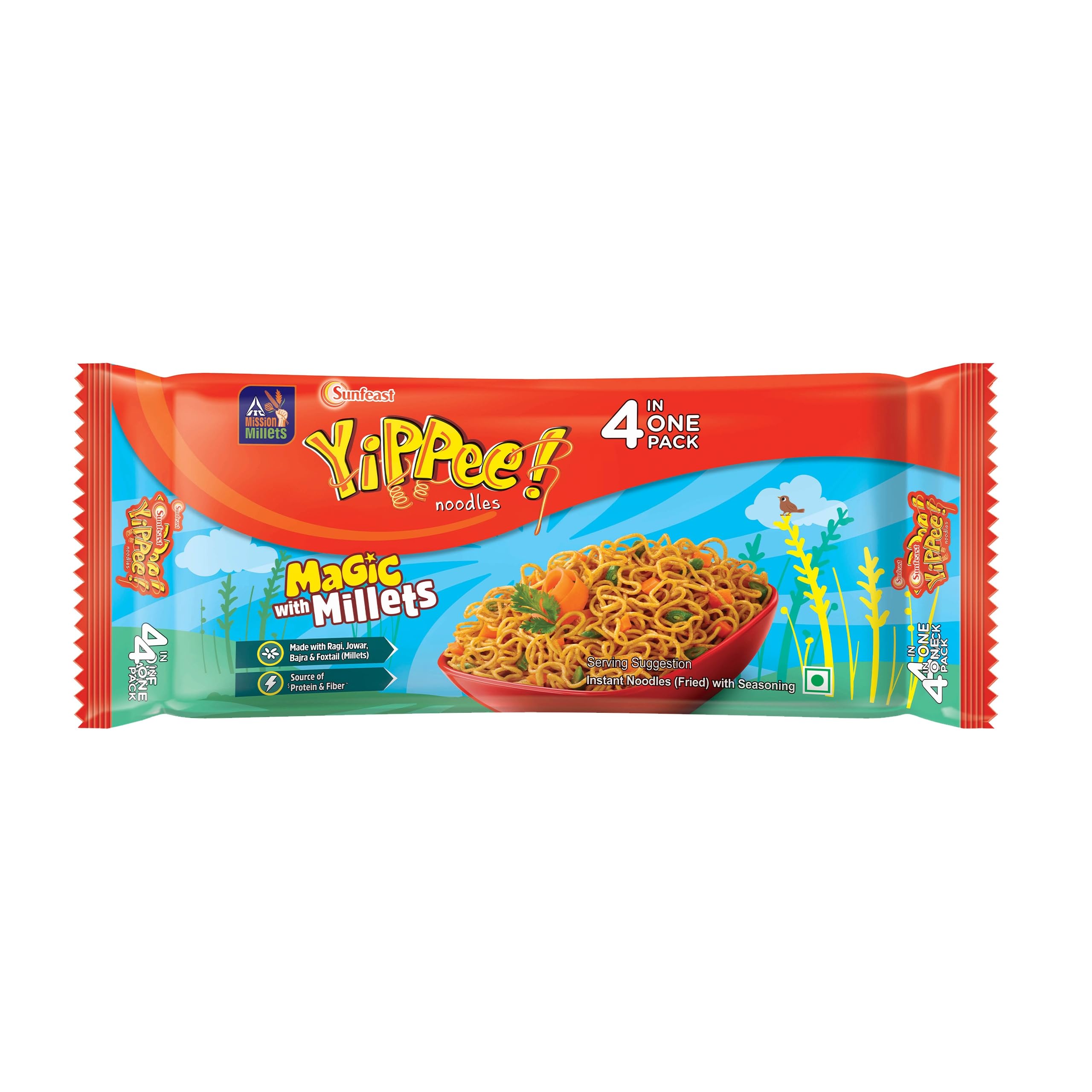 Sunfeast YiPPee! Magic with Millets Instant Noodles - Made with Ragi, Jowar, Bajra & Foxtail Millet | Long, Non-Sticky Texture | Quick, Nutritious & Vegetarian Snack (280g) | Perfect for Lunch, Dinner or On-the-Go Meals