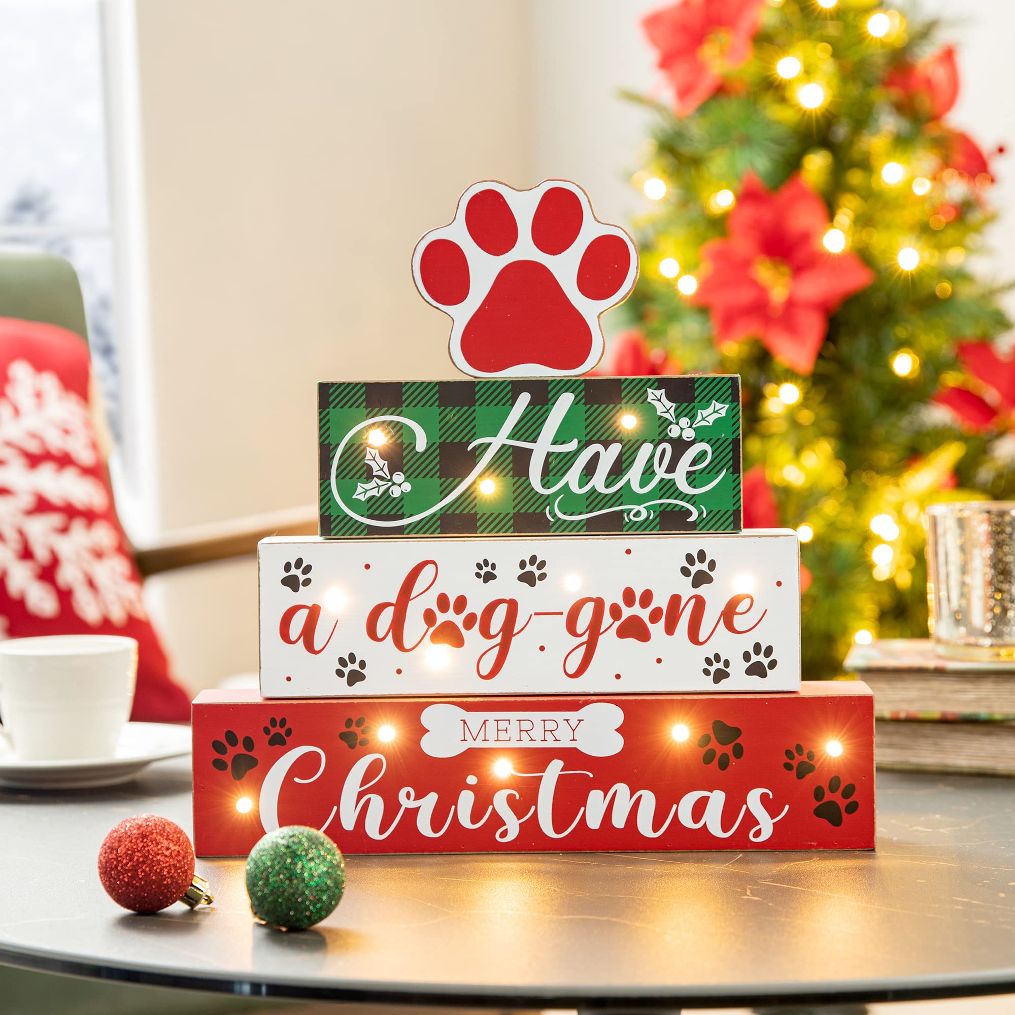 Glitzhome 12 Inch Lighted Wooden Christmas Table Decor - Farmhouse Pet Block Word Sign with 'Have a Dog-Gone Merry Christmas' Saying - Perfect for Winter Holiday Home Decor, Gift Giving & Cozy Pet-Themed Celebrations