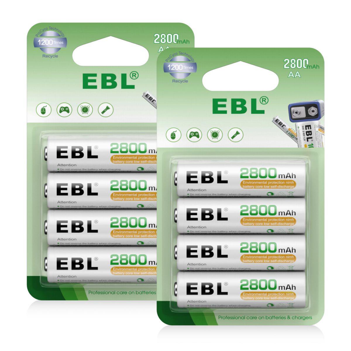 EBL 2800mAh NiMH AA Rechargeable Batteries (8-Pack) - High Capacity, Long Lasting Power for Digital Cameras, Toys, Flashlights & More
