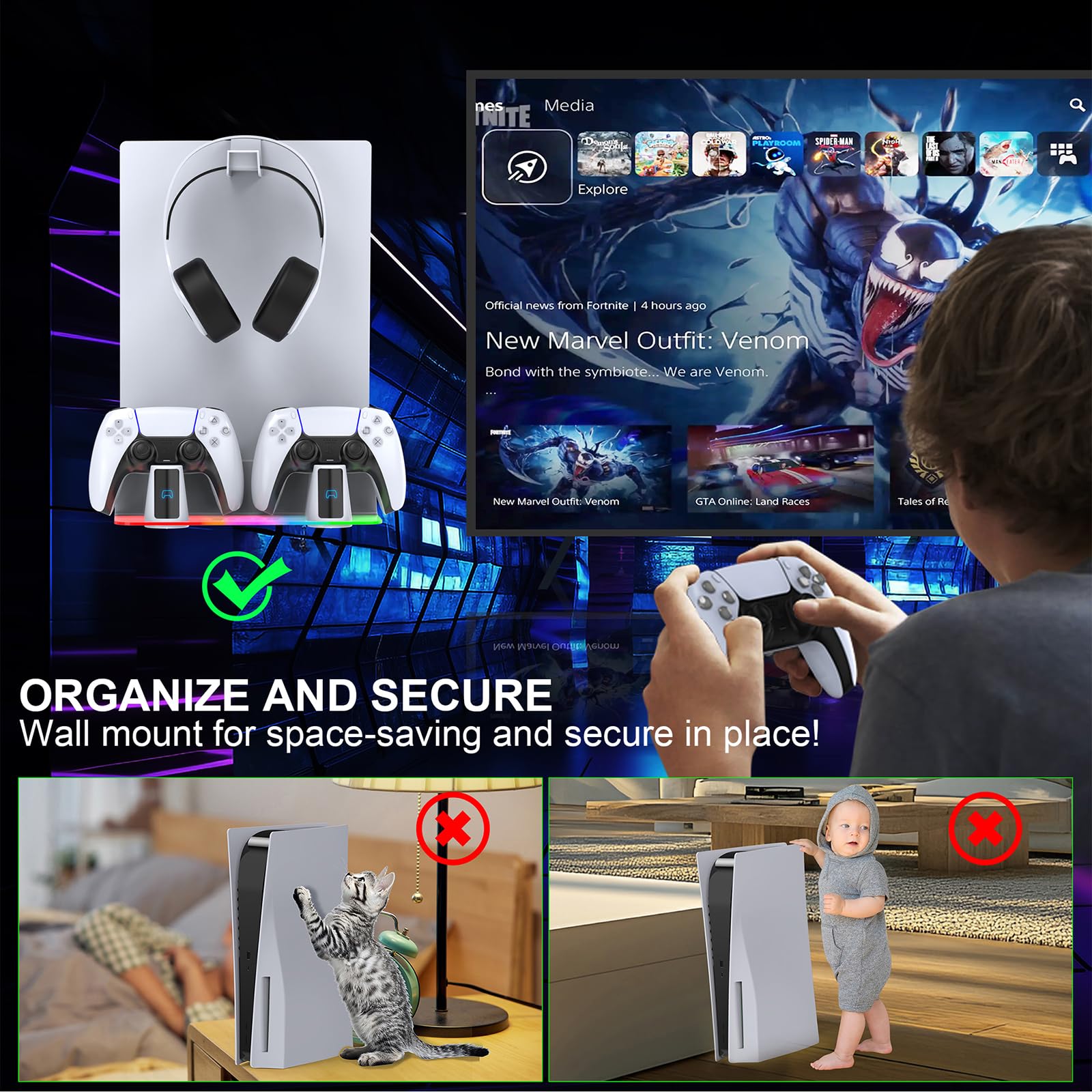 PS5 Wall Mount Kit with Charging Station & RGB LED Light - Compatible with PS5 Slim/Pro Consoles (Disc & Digital Edition) | Fast Dual Controller Chargers, Steel Wall Stand & Headphone Hanger | Perfect for Gaming Room Setup & Space-Saving Organization