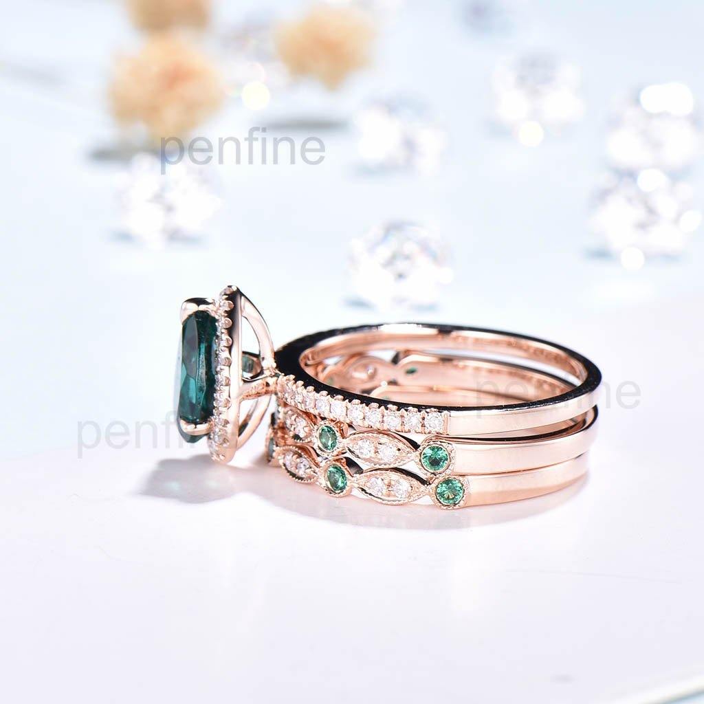 Classic Pear Emerald Diamond Engagement Ring Set with Matching Band - 3 Piece Bridal Jewelry Set for Proposals, Weddings & Anniversaries