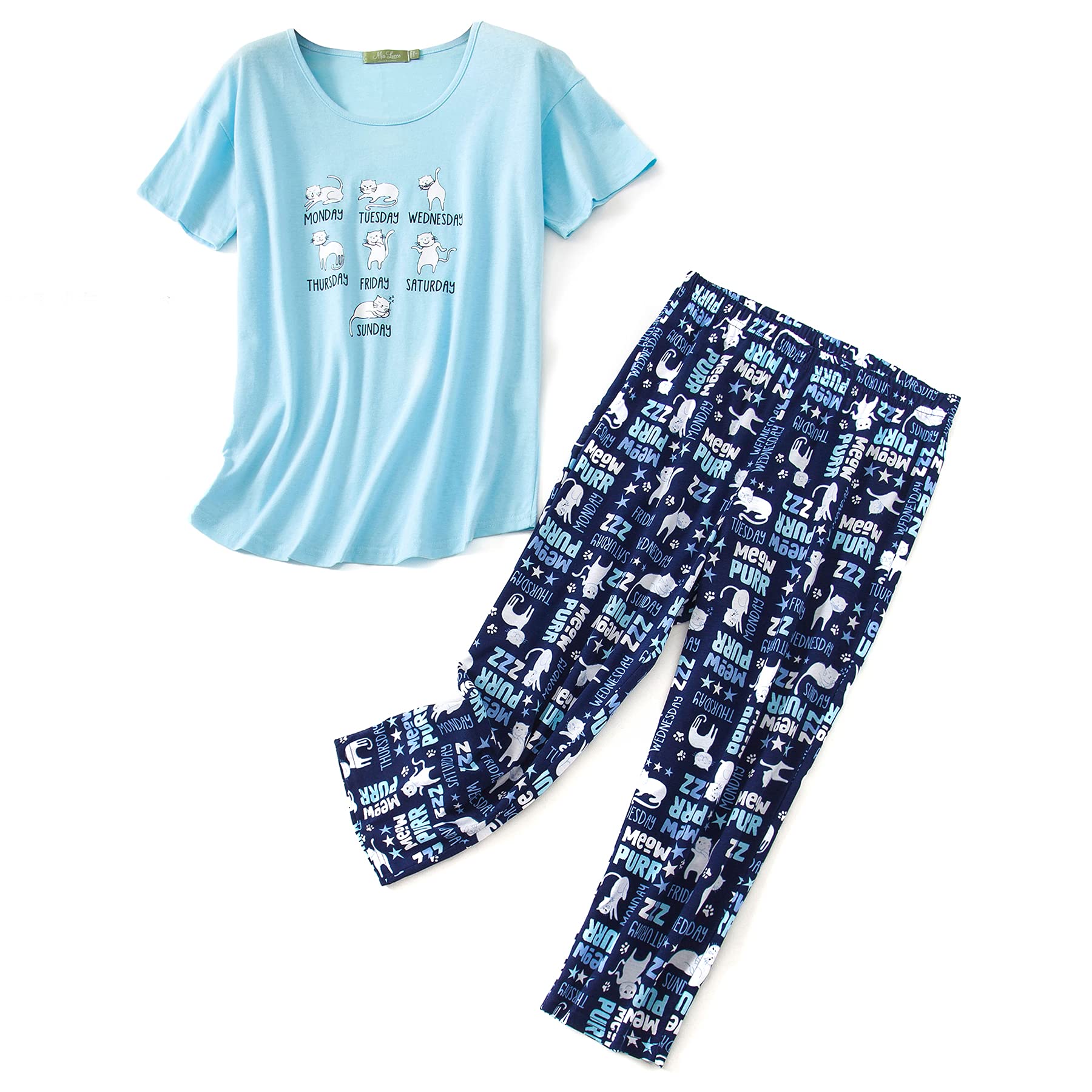 Zando Women's 2-Piece Pajama Set - Cartoon Print Lounge Sleepwear with Pants & Capri | Cozy Matching PJS for Sleep, Relaxation & Home Comfort