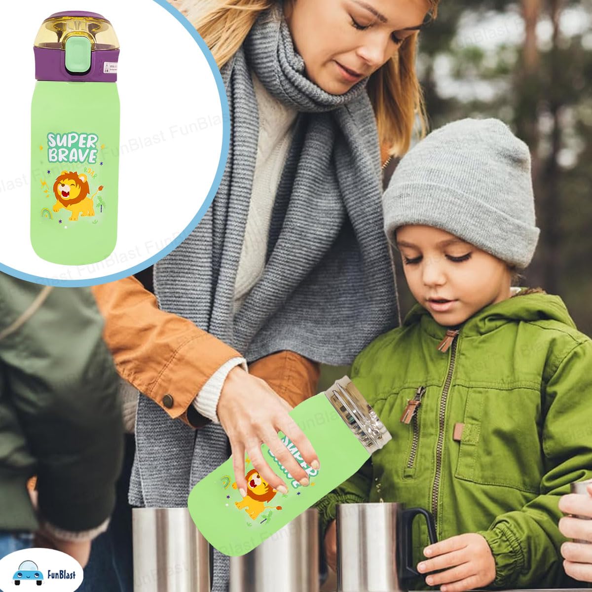 FunBlast Insulated Stainless Steel Water Bottle for Kids - 500ml Double Walled Vacuum Insulated SS-304 Water Bottle with Cartoon Design | Keeps Drinks Hot & Cold for 12+ Hours | Perfect for School, Sports, Travel & Outdoor Activities