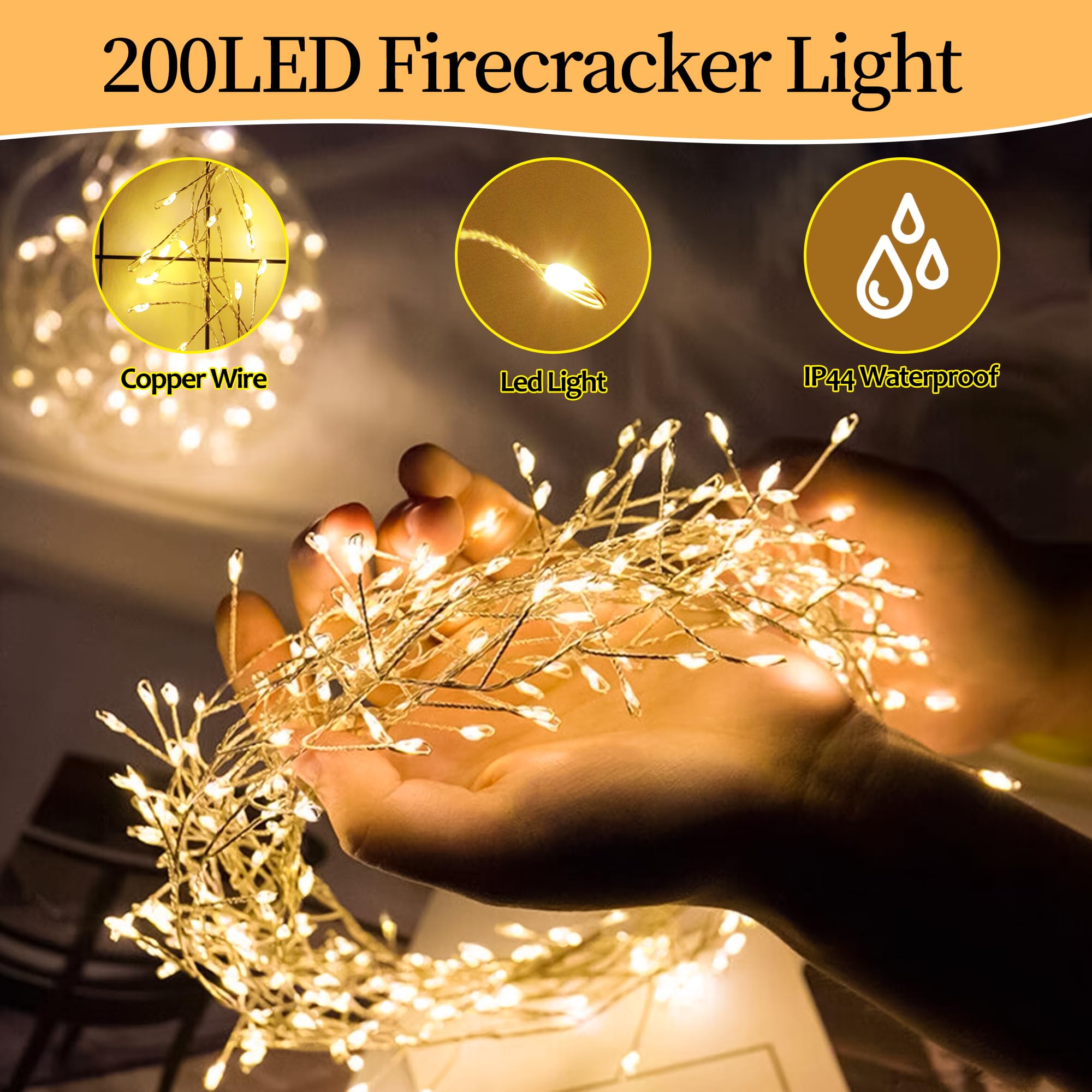 200 LED Fairy String Lights - 20FT Battery Operated Waterproof Copper Wire Lights with 8 Modes for Indoor/Outdoor Use - Perfect for Christmas, Weddings, Parties, Garden, Patio & Tree Decorations (Warm White)