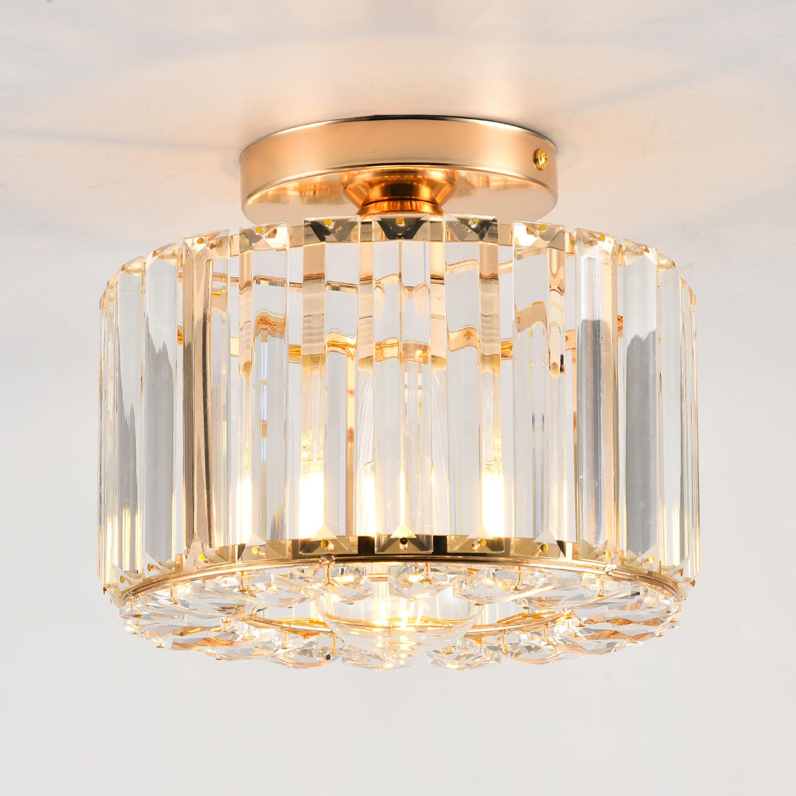 Crystal Ceiling Light Fixture - Gold Semi Flush Mount Chandelier with Crystal Accents for Bedroom, Kitchen, Hallway, Dining Room & Living Room | Elegant Lighting for Home Decor, Entryway & Bar Areas