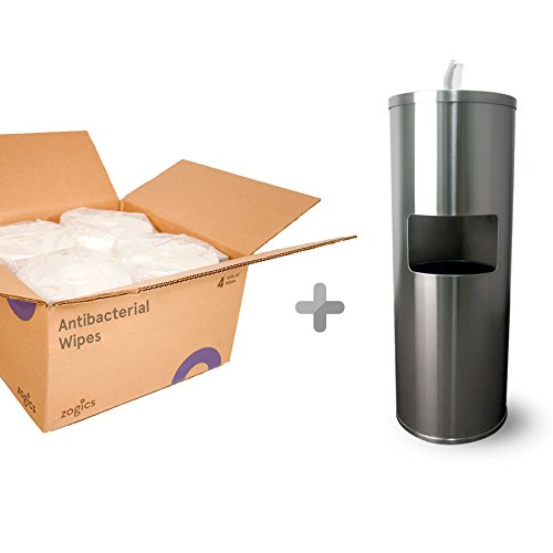 Zogics Antibacterial Wipes - 4 Rolls/Case with Stainless Steel Gym Wipes Floor Dispenser | Disinfecting Wipes for Gyms, Yoga Studios & Fitness Centers