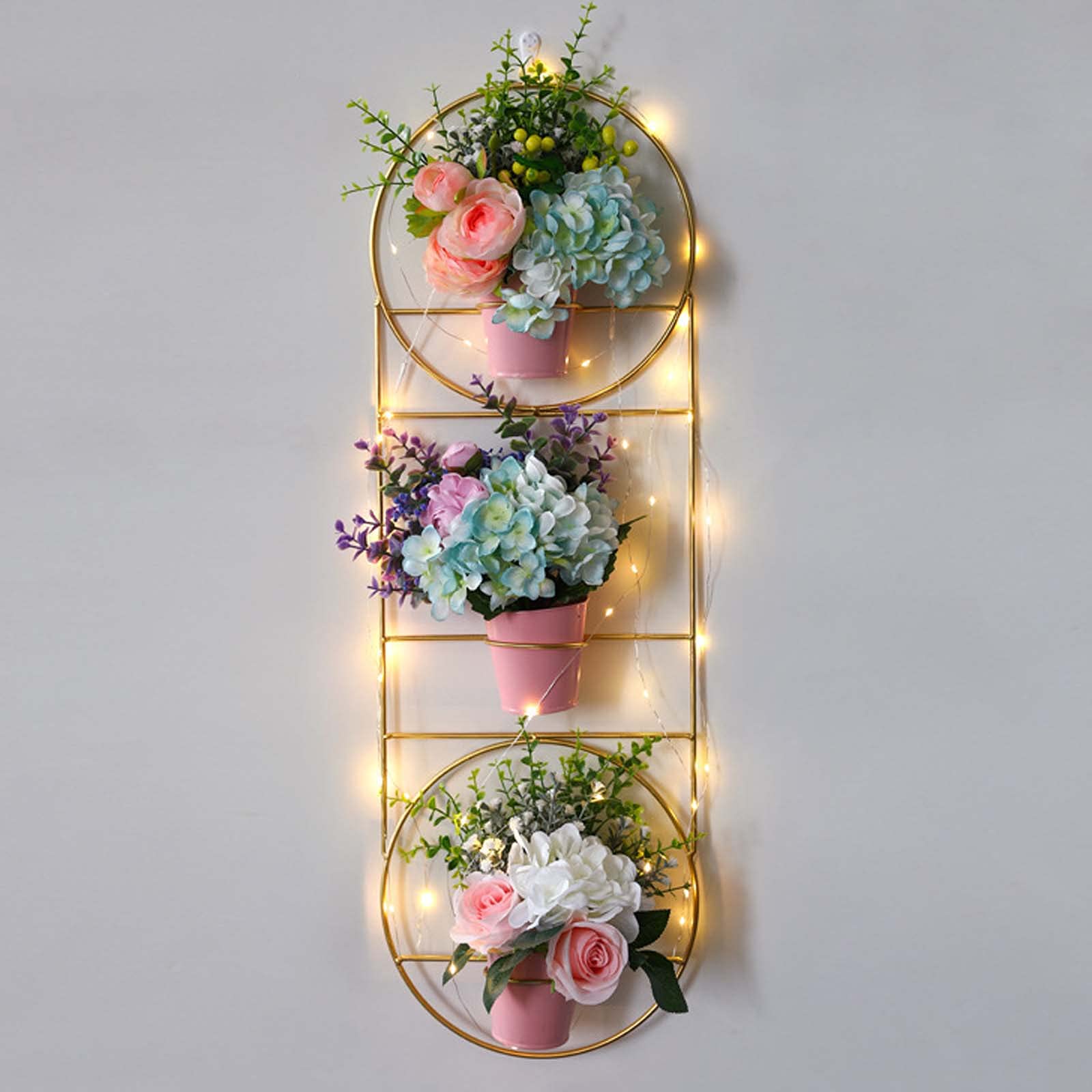 Artificial Flowers Wall Mounted Basket - Nordic Hanging Wall Planter with LED Lights, Fake Silk Plants for Home Decor, Garden Wedding Decoration | Perfect for Living Room, Bedroom, Patio & Outdoor Spaces