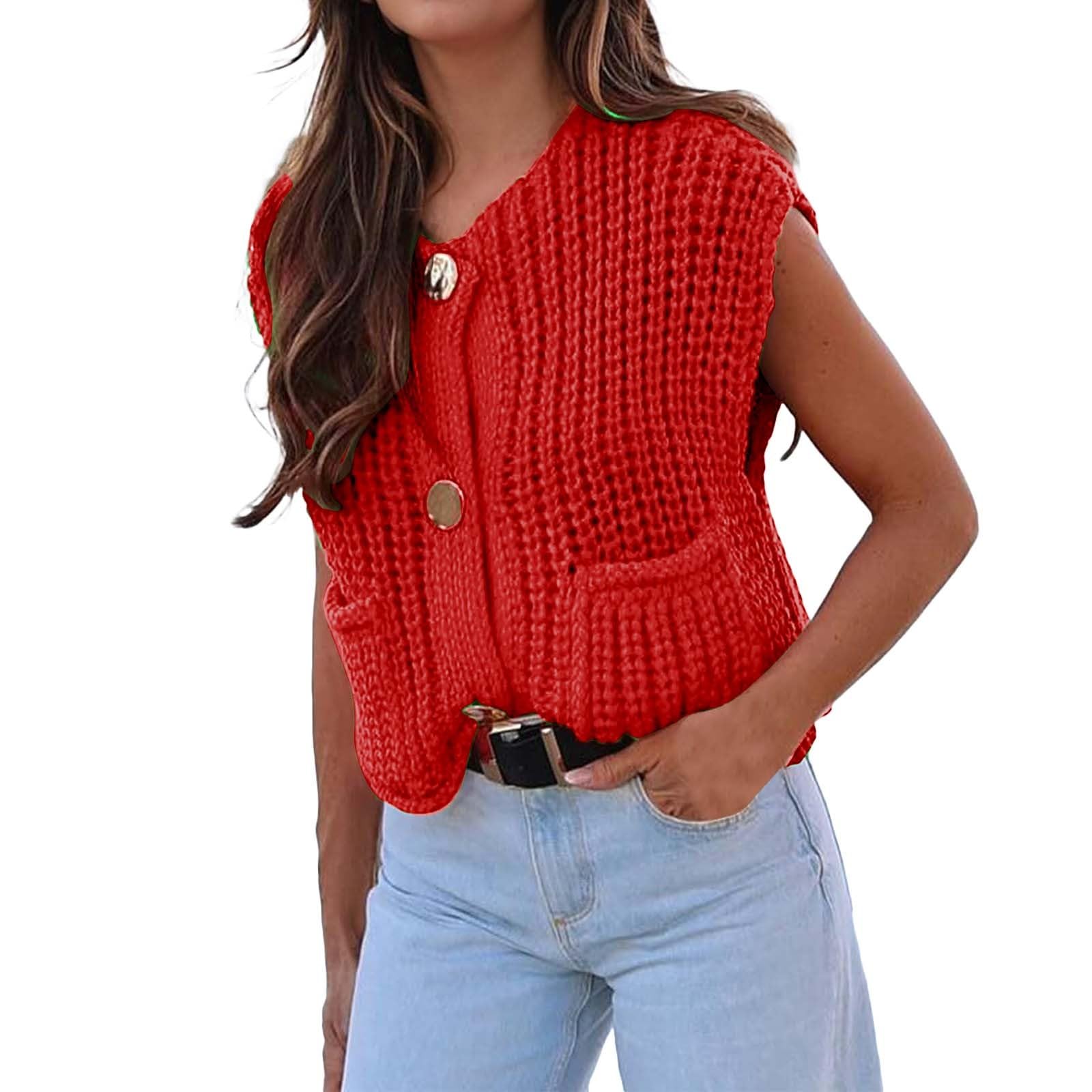 Women's Red Knitted Sleeveless Vest Top - Amazon Prime Labor Day Clearance Sale 50% Off | Cozy Travel Essentials & Casual Layering Outfits