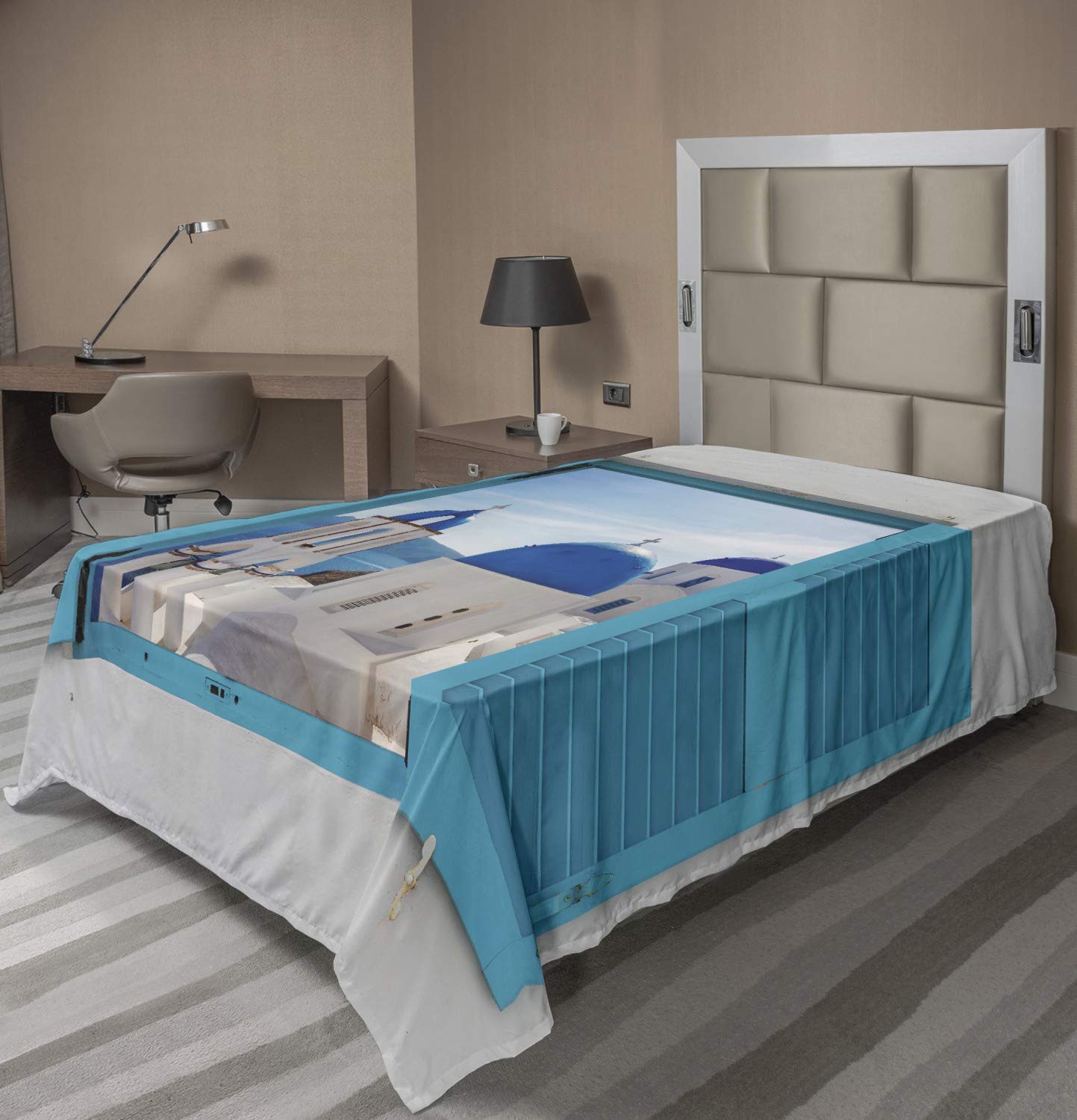 Ambesonne Santorini Landscape Flat Sheet - Twin Size Aqua Blue & White - Soft Comfortable Top Sheet with Greek Oia Domes Design - Perfect for Travel Themed Bedroom Decor & Vacation Home Styling
