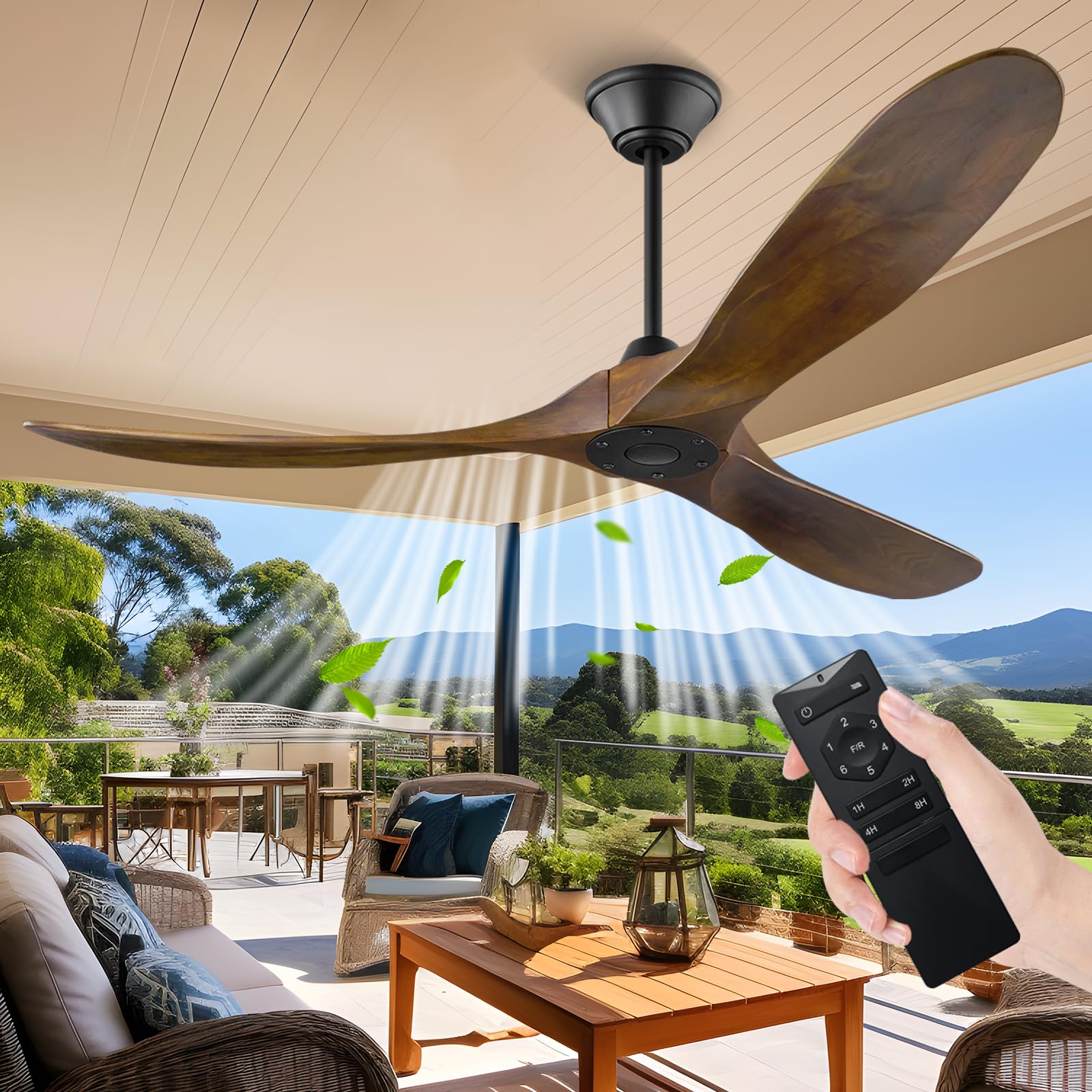 70 Inch Rustic Outdoor Ceiling Fan - Solid Wood Farmhouse Style, Remote Control, No Light, for Patio/Indoor Use - Perfect for High/Low Sloped Ceilings (Brown, DC Motor) - Ideal for Backyard, Porch, Living Room & Bedroom Cooling